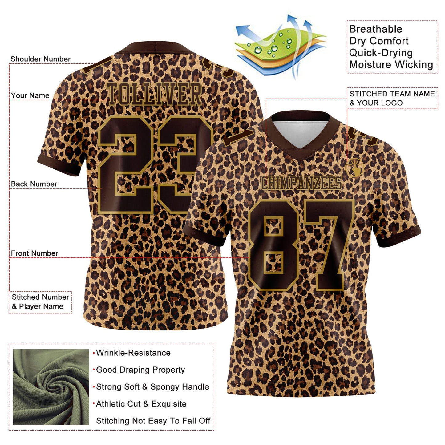 Custom Brown Old Gold 3D Pattern Leopard Print Authentic Football Jersey view 3