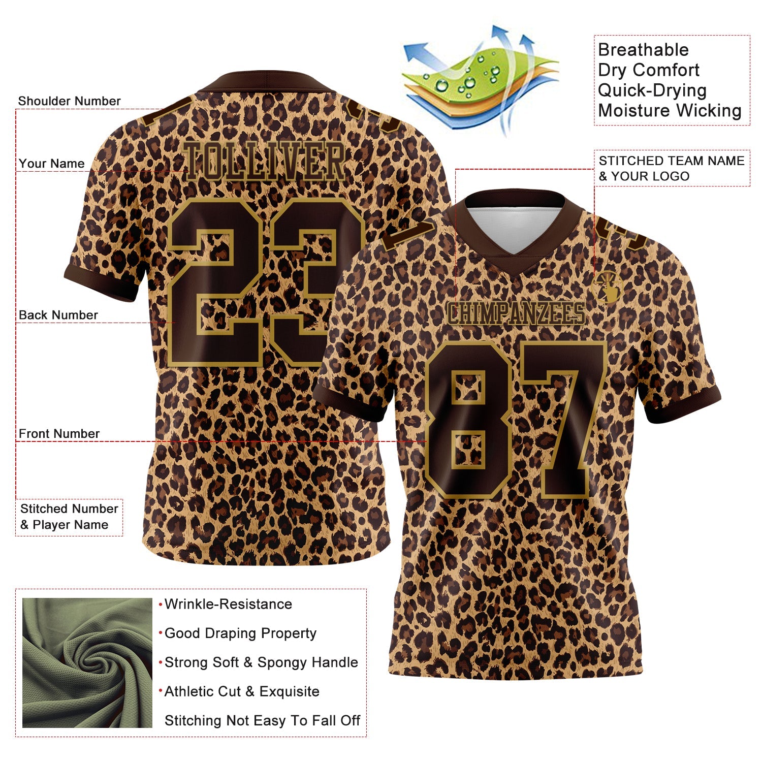 Custom Brown Old Gold 3D Pattern Leopard Print Authentic Football Jersey view 3