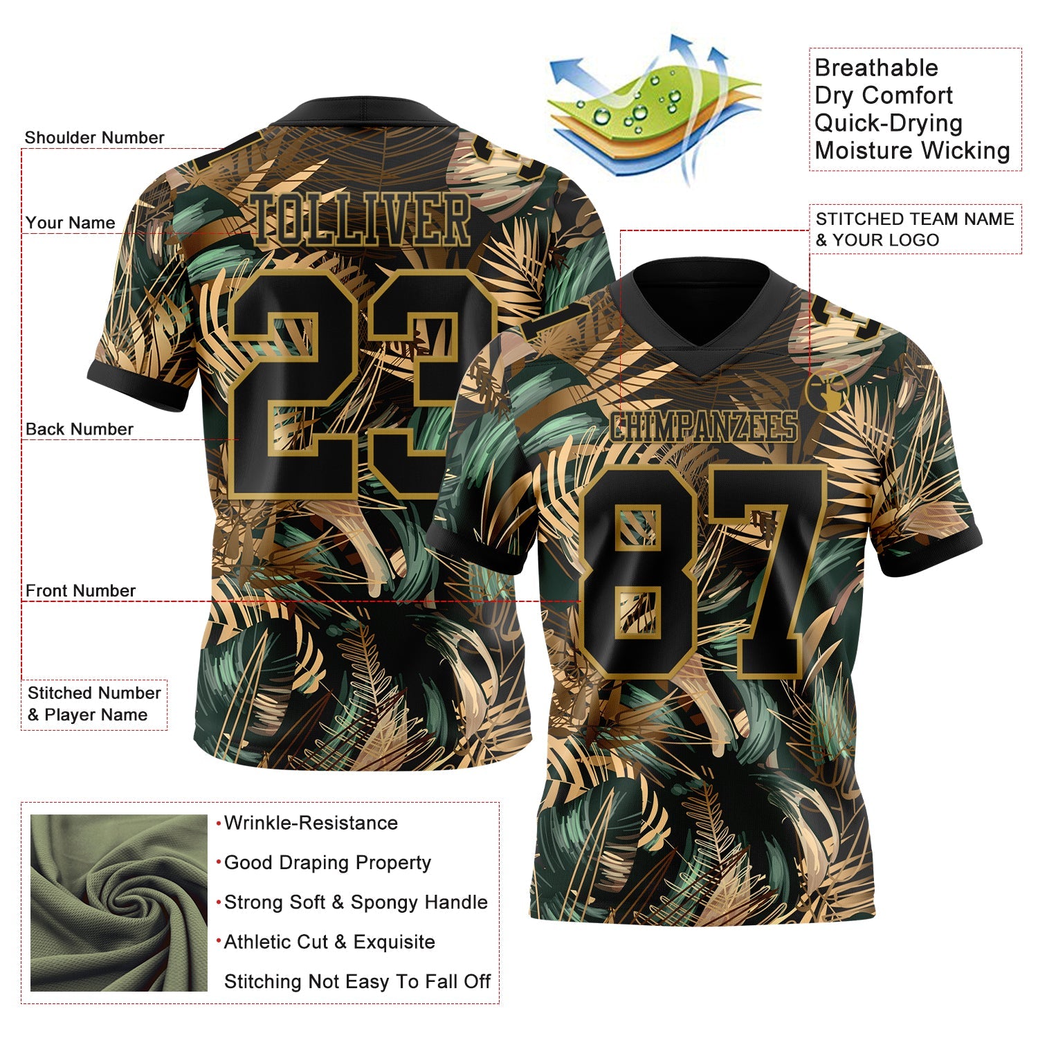Custom Black Old Gold 3D Pattern Tropical Hawaii Jungle Leaves Authentic Football Jersey view 3