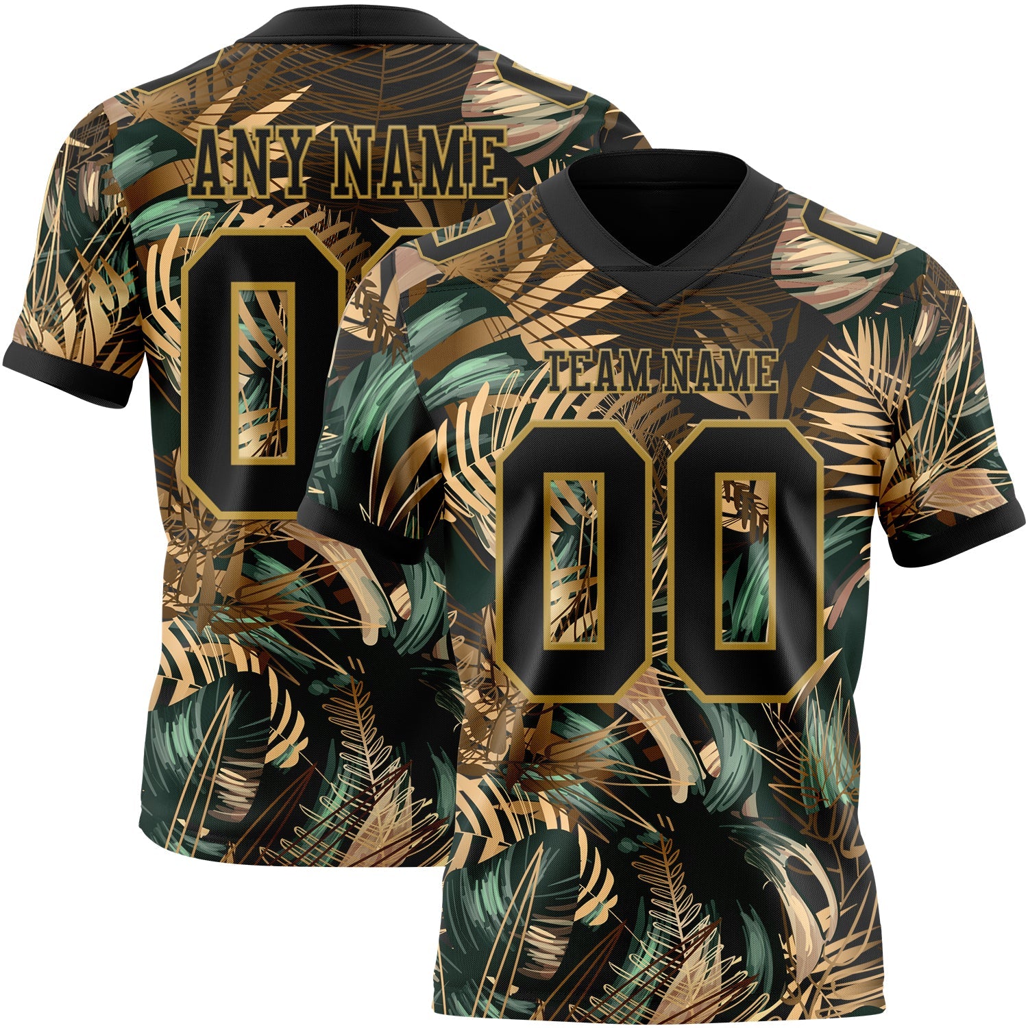 Custom Black Old Gold 3D Pattern Tropical Hawaii Jungle Leaves Authentic Football Jersey - Main View