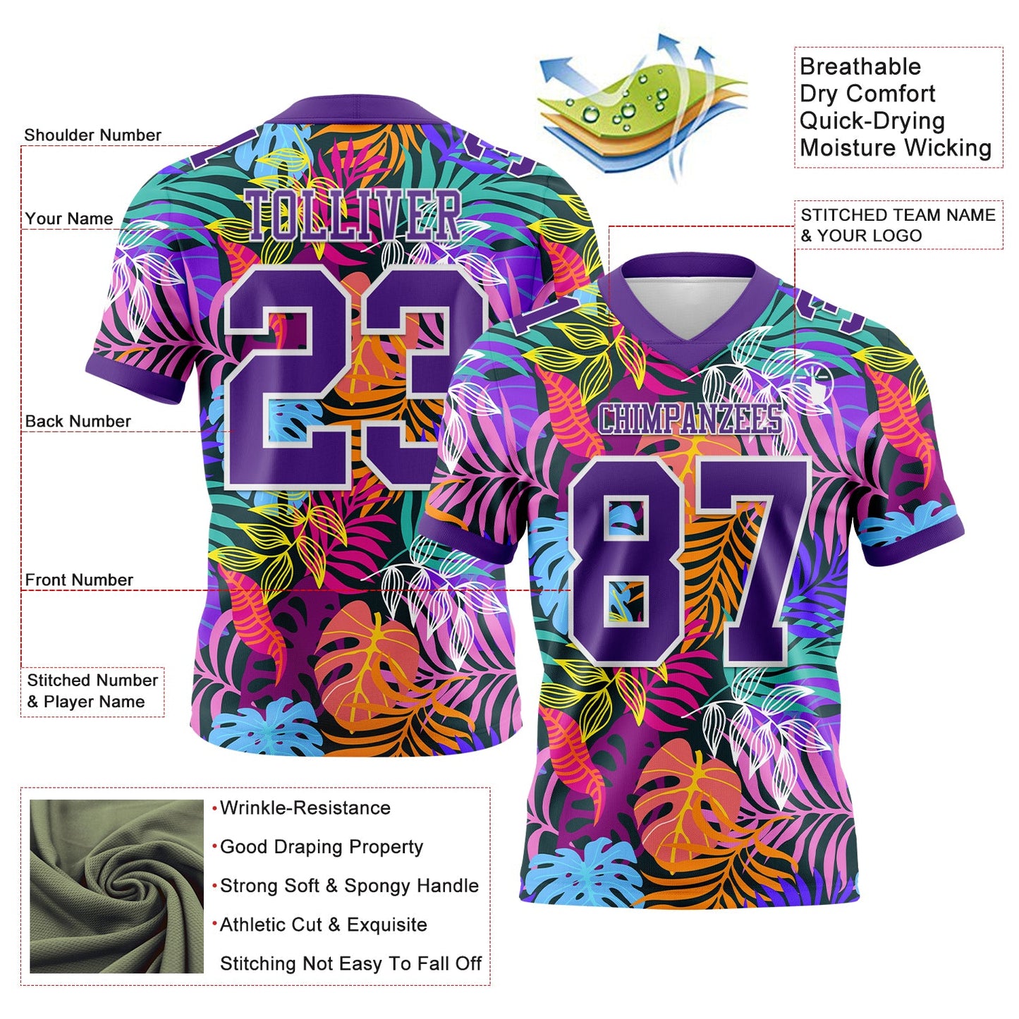 Custom Black Purple-White 3D Pattern Tropical Hawaii Jungle Leaves Authentic Football Jersey view 3