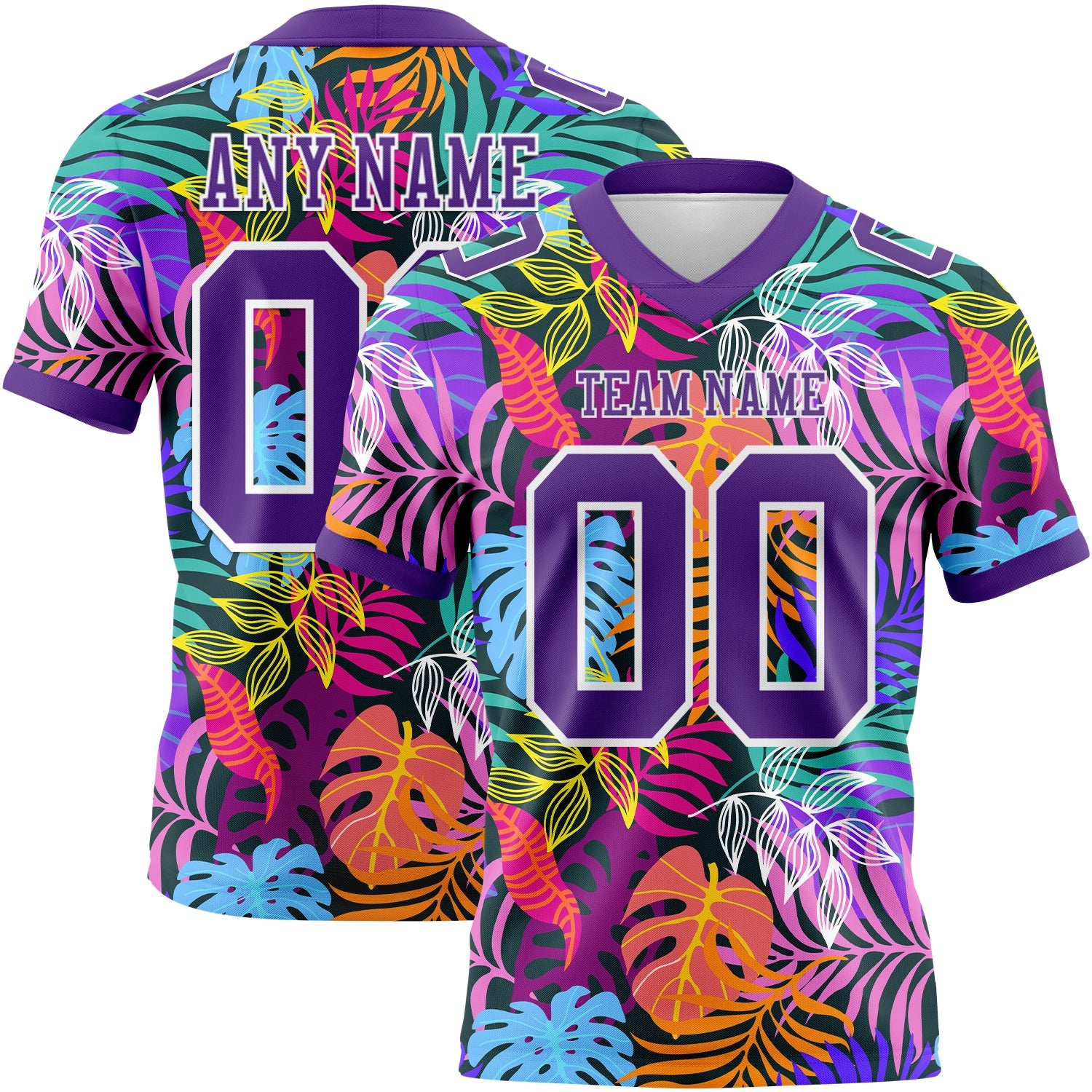 Custom Black Purple-White 3D Pattern Tropical Hawaii Jungle Leaves Authentic Football Jersey - Main View