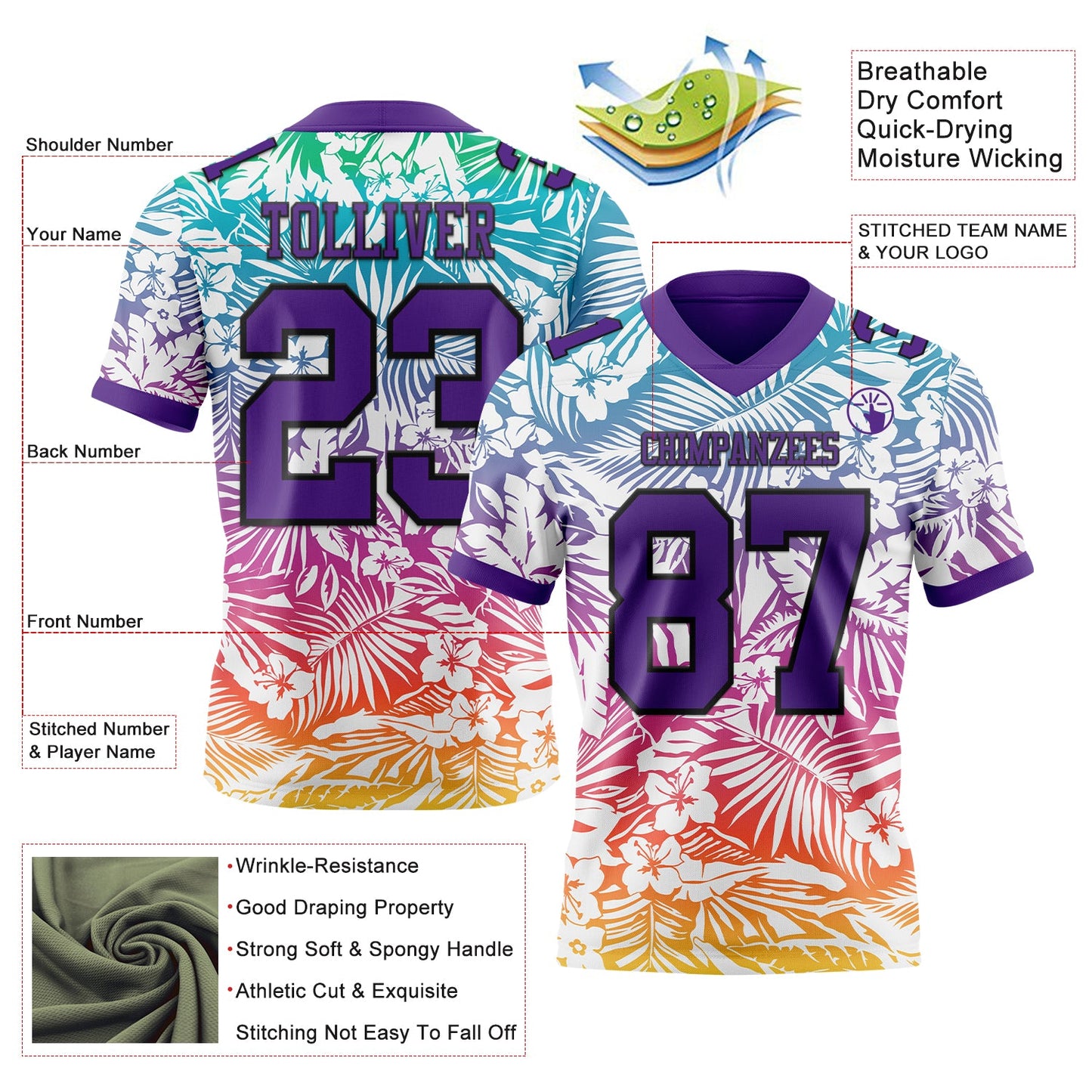 Custom White Purple-Black 3D Pattern Tropical Hawaii Jungle Leaves Authentic Football Jersey view 3