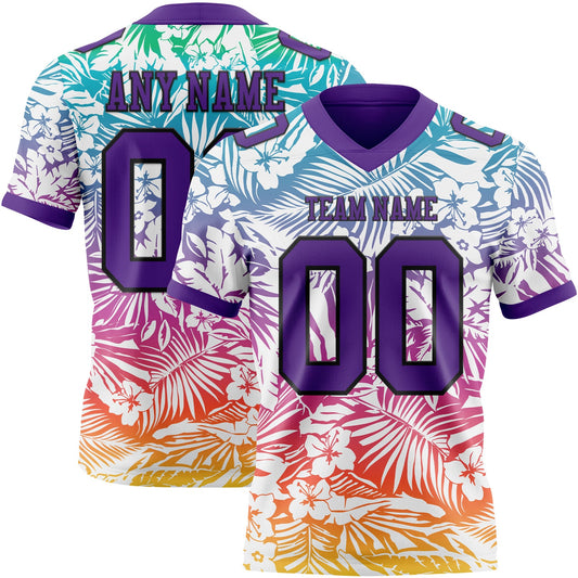 Custom White Purple-Black 3D Pattern Tropical Hawaii Jungle Leaves Authentic Football Jersey - Main View