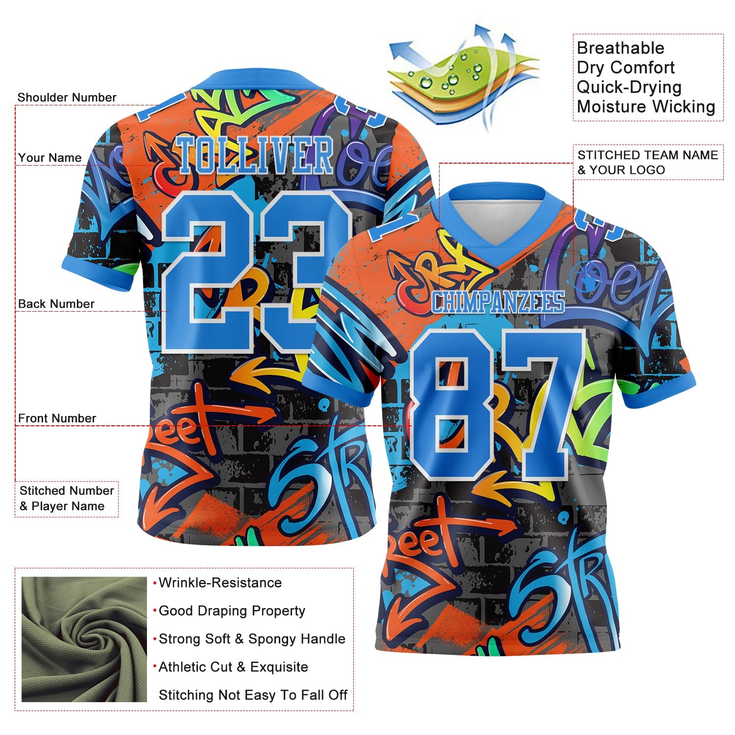 Custom Graffiti Pattern Powder Blue-White 3D Pattern Splash Authentic Football Jersey view 3