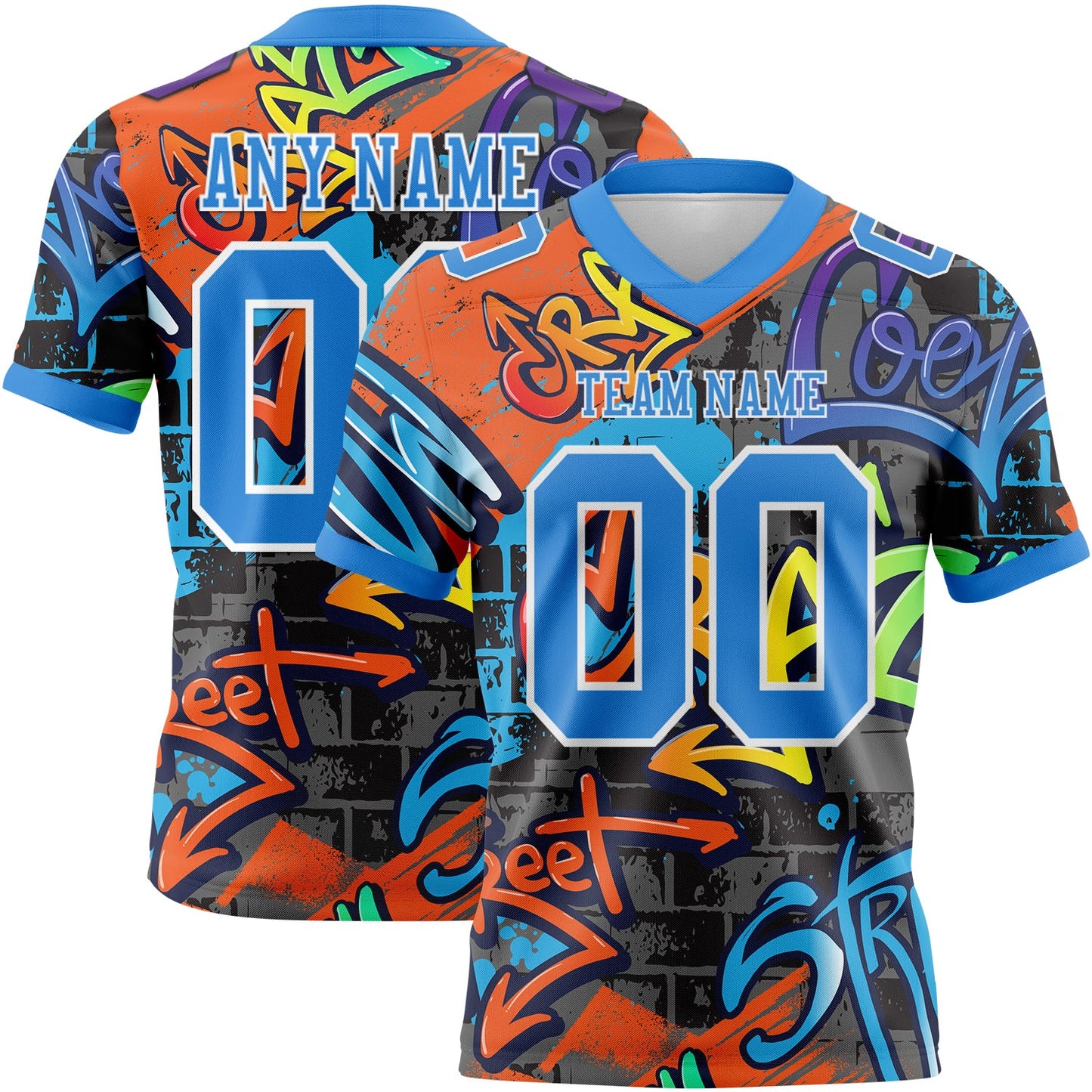 Custom Graffiti Pattern Powder Blue-White 3D Pattern Splash Authentic Football Jersey - Main View