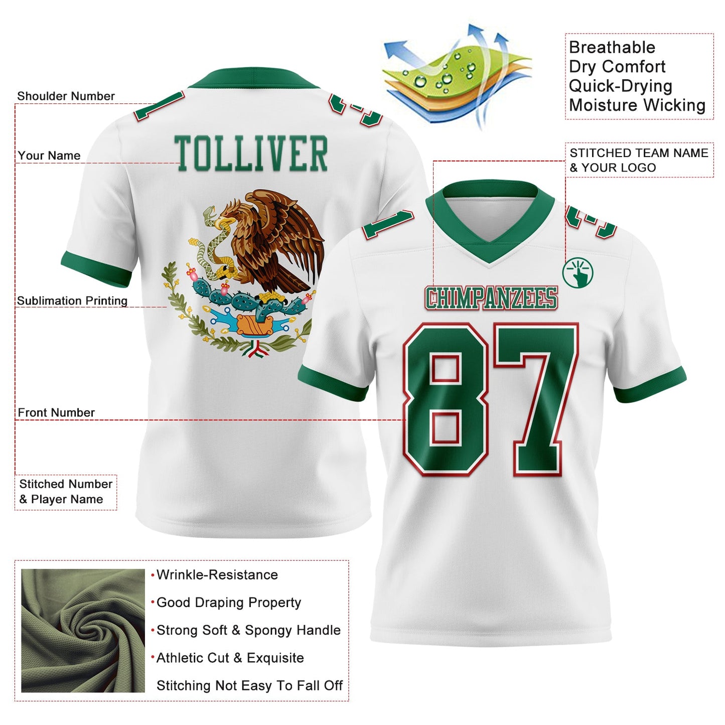 Custom White Kelly Green-Red 3D Pattern Mexico Authentic Football Jersey view 3