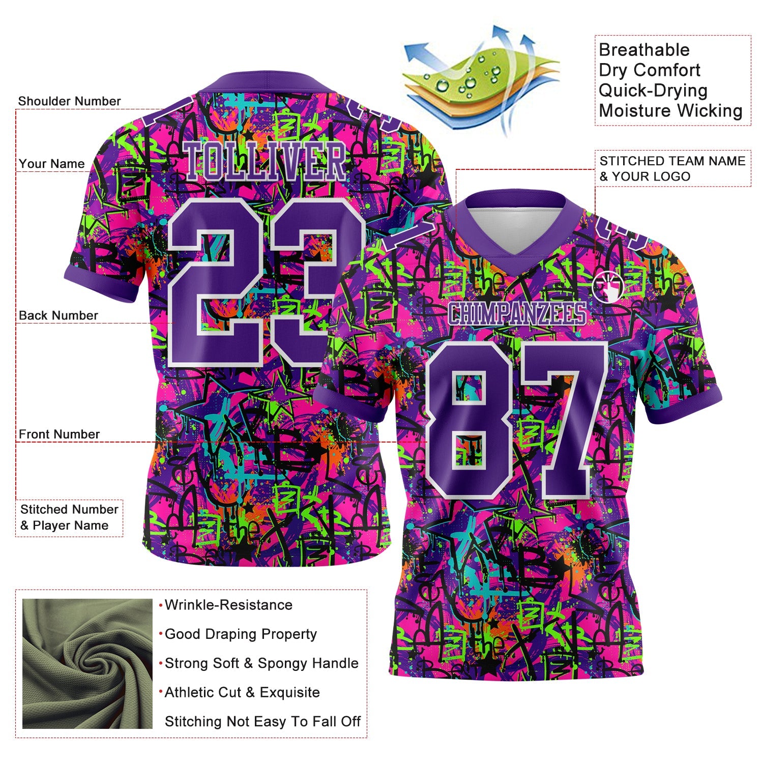 Custom Graffiti Pattern Purple-White 3D Pattern Splash Authentic Football Jersey view 3