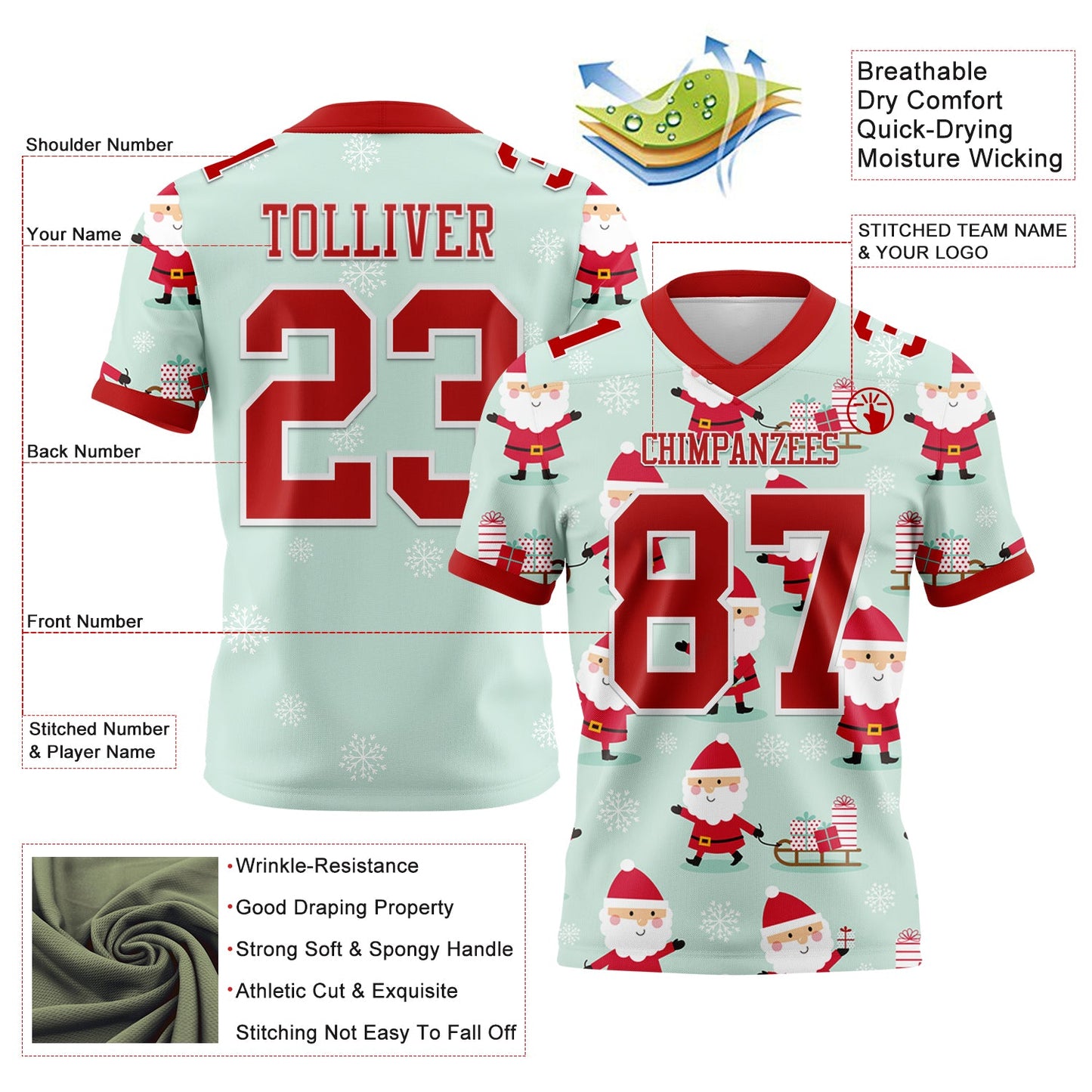 Custom Green Red-White 3D Pattern Christmas Authentic Football Jersey view 3