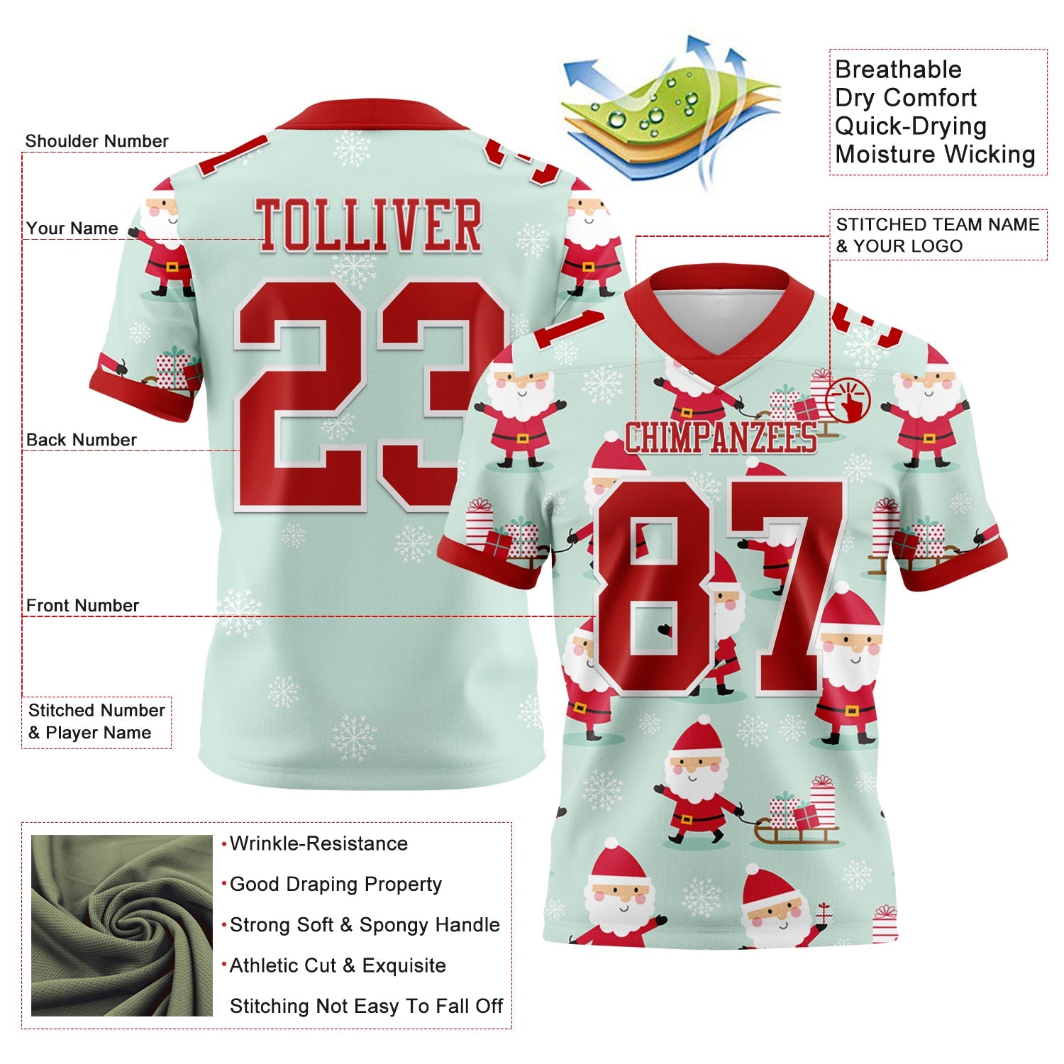 Custom Green Red-White 3D Pattern Christmas Authentic Football Jersey view 3