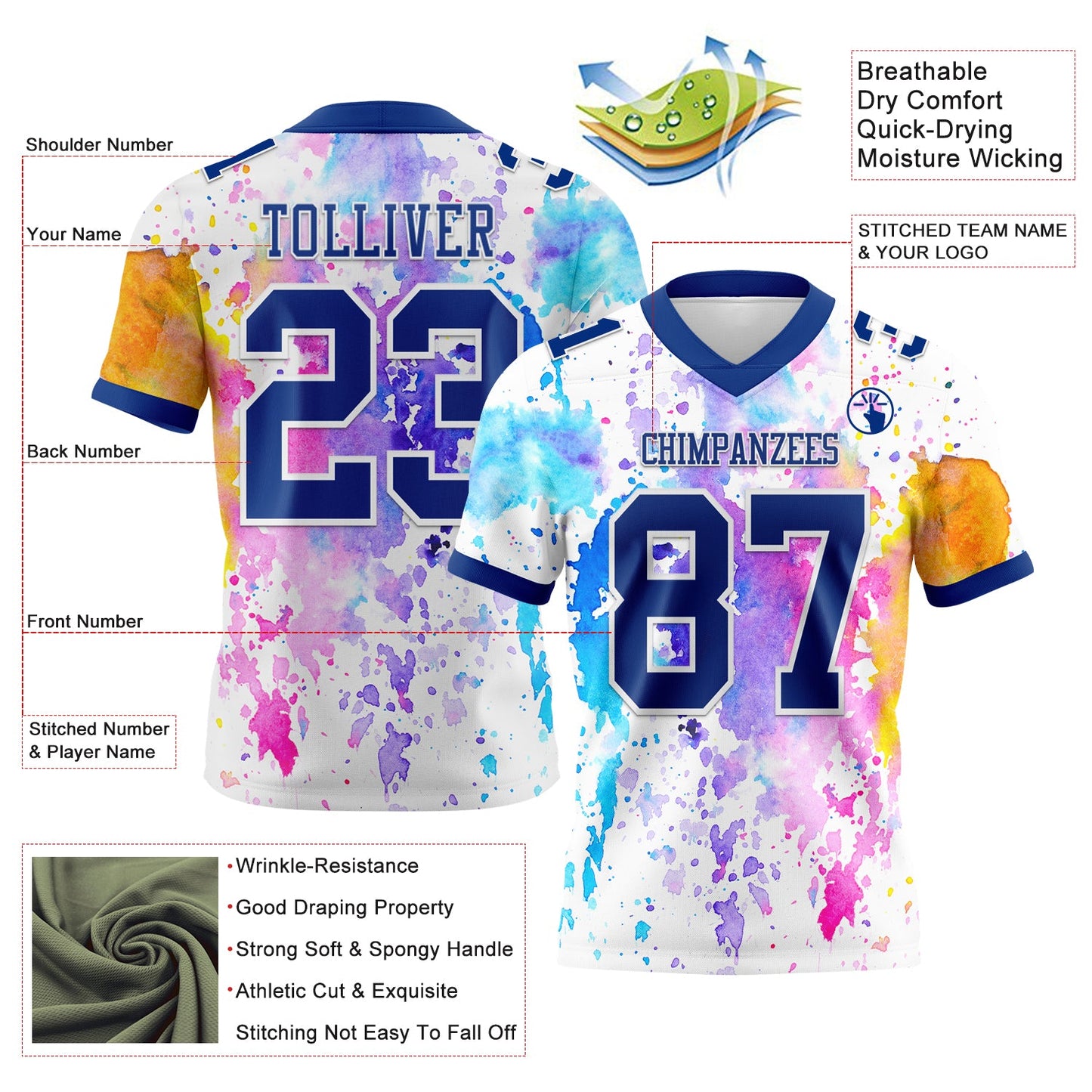 Custom White Royal 3D Pattern Watercolor Splash Authentic Football Jersey view 3