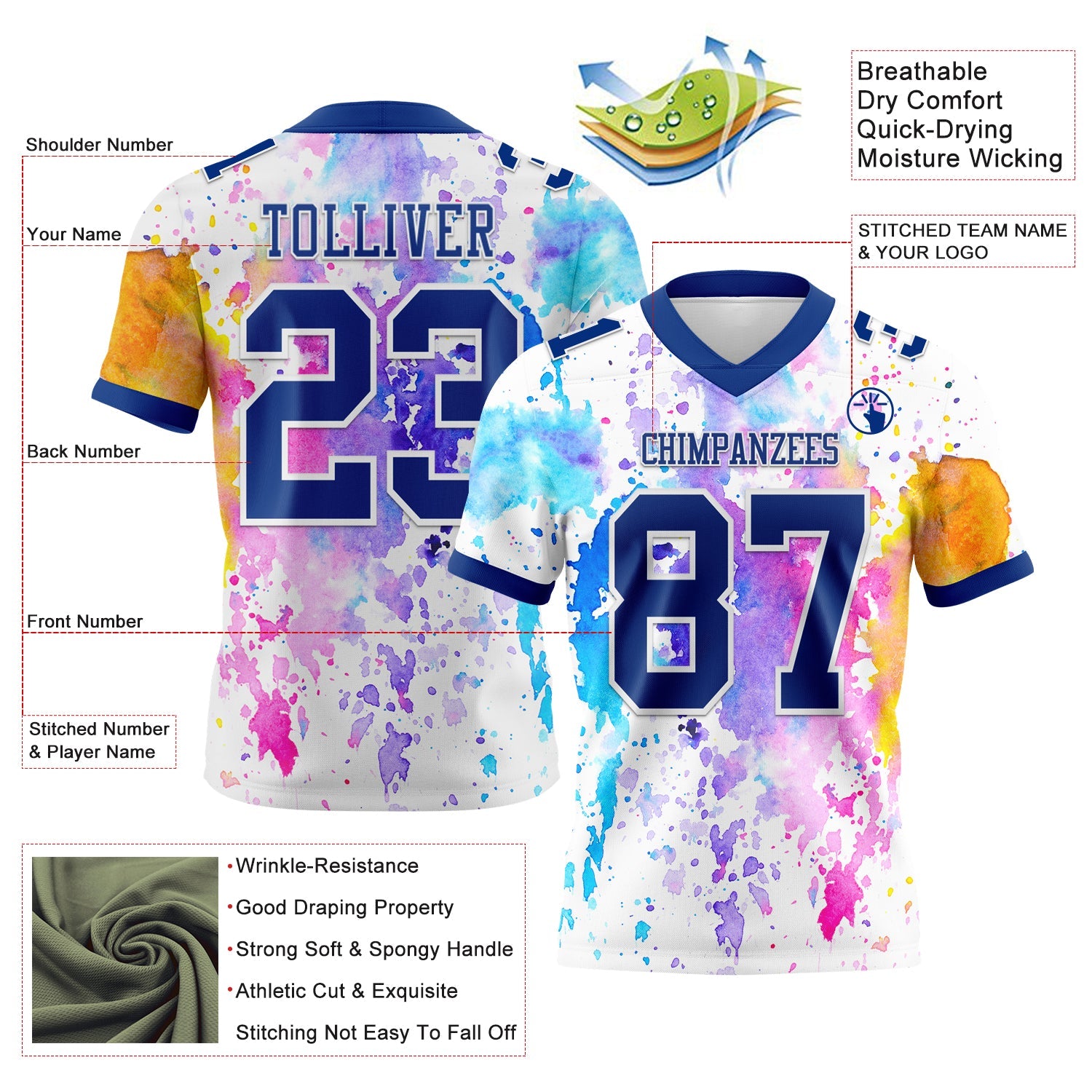 Custom White Royal 3D Pattern Watercolor Splash Authentic Football Jersey view 3
