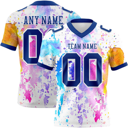 Custom White Royal 3D Pattern Watercolor Splash Authentic Football Jersey - Main View