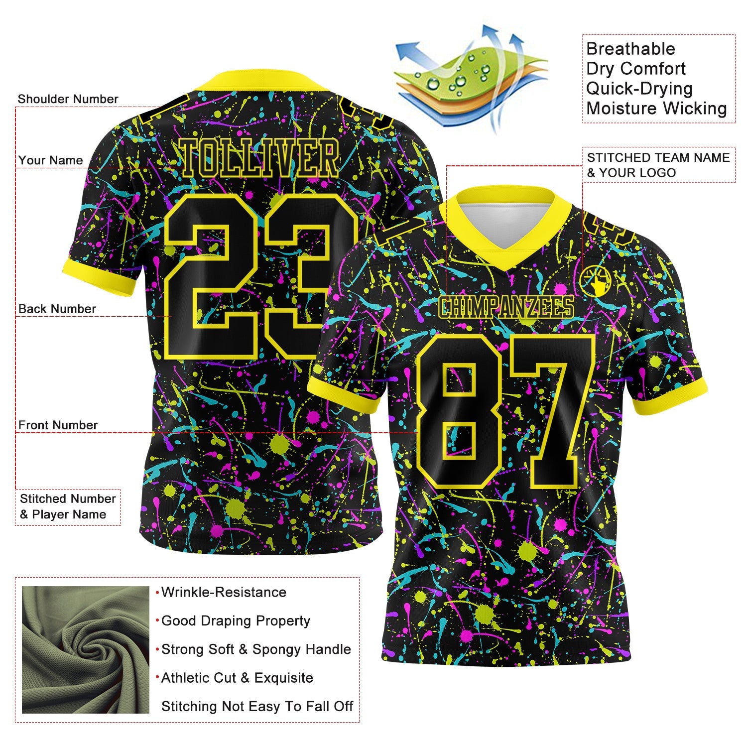 Custom Graffiti Pattern Black-Light Yellow 3D Pattern Splash Authentic Football Jersey view 3