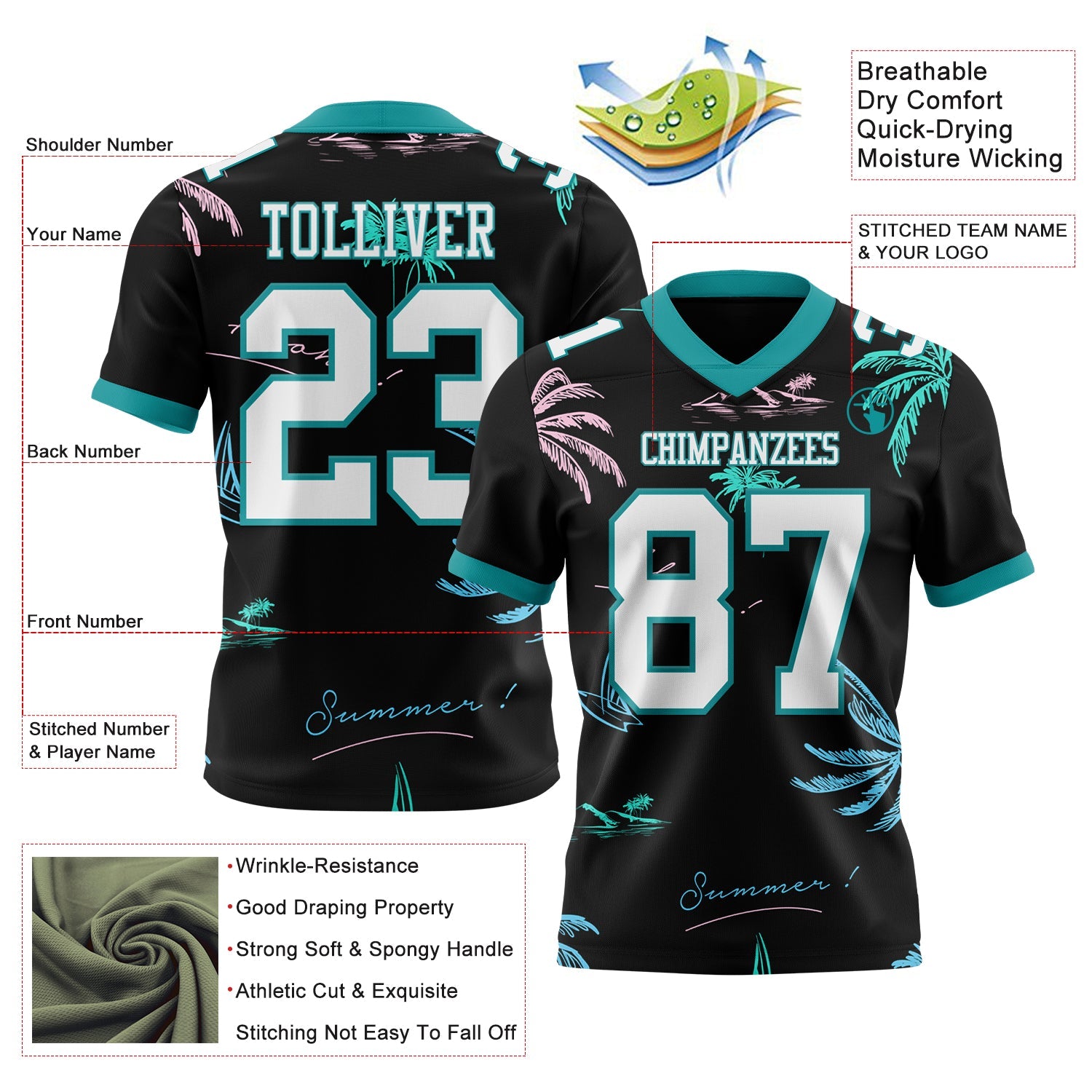 Custom Black White-Teal 3D Pattern Tropical Hawaii Palm Trees Authentic Football Jersey view 3