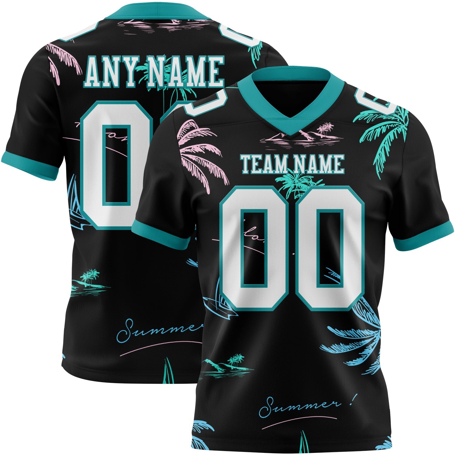 Custom Black White-Teal 3D Pattern Tropical Hawaii Palm Trees Authentic Football Jersey - Main View