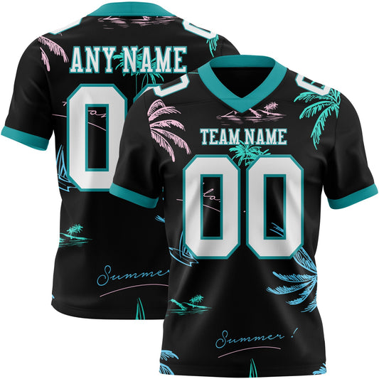 Custom Black White-Teal 3D Pattern Tropical Hawaii Palm Trees Authentic Football Jersey - Main View
