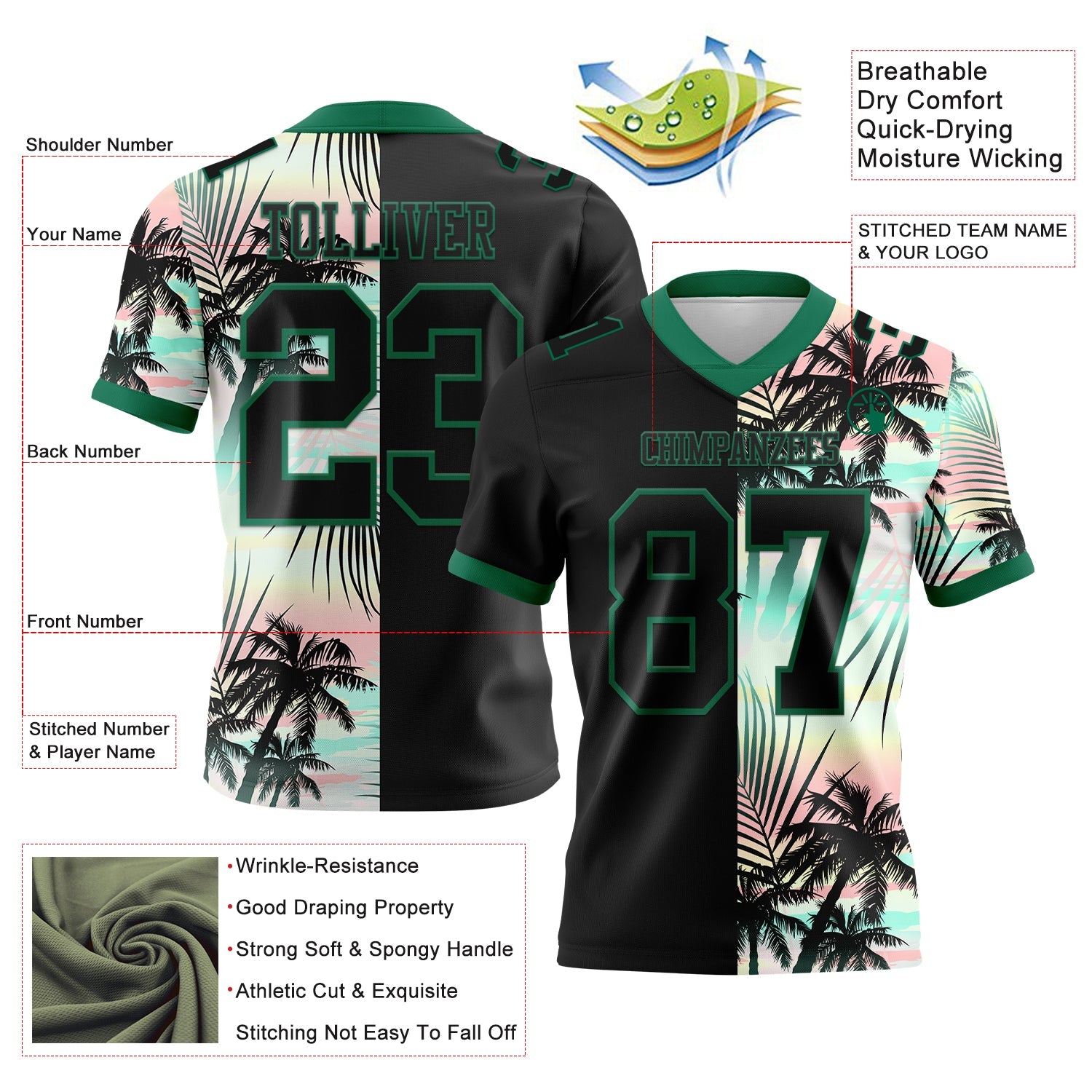Custom Black Kelly Green 3D Pattern Tropical Hawaii Palm Leaves Authentic Football Jersey view 3