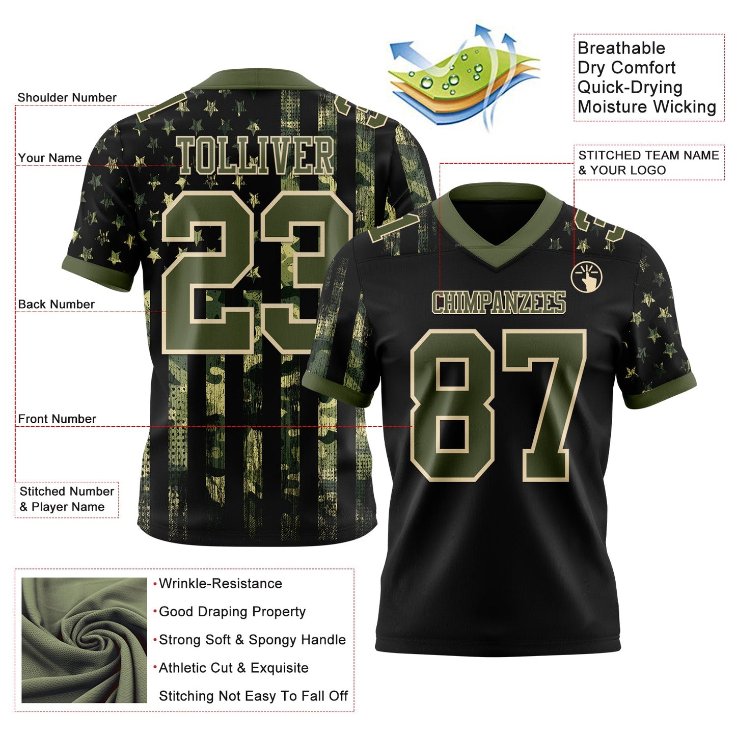 Custom Black Olive-Cream 3D Pattern American Flag Authentic Football Jersey view 3