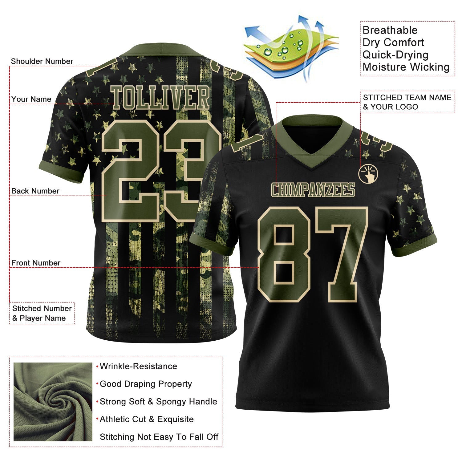 Custom Black Olive-Cream 3D Pattern American Flag Authentic Football Jersey view 3