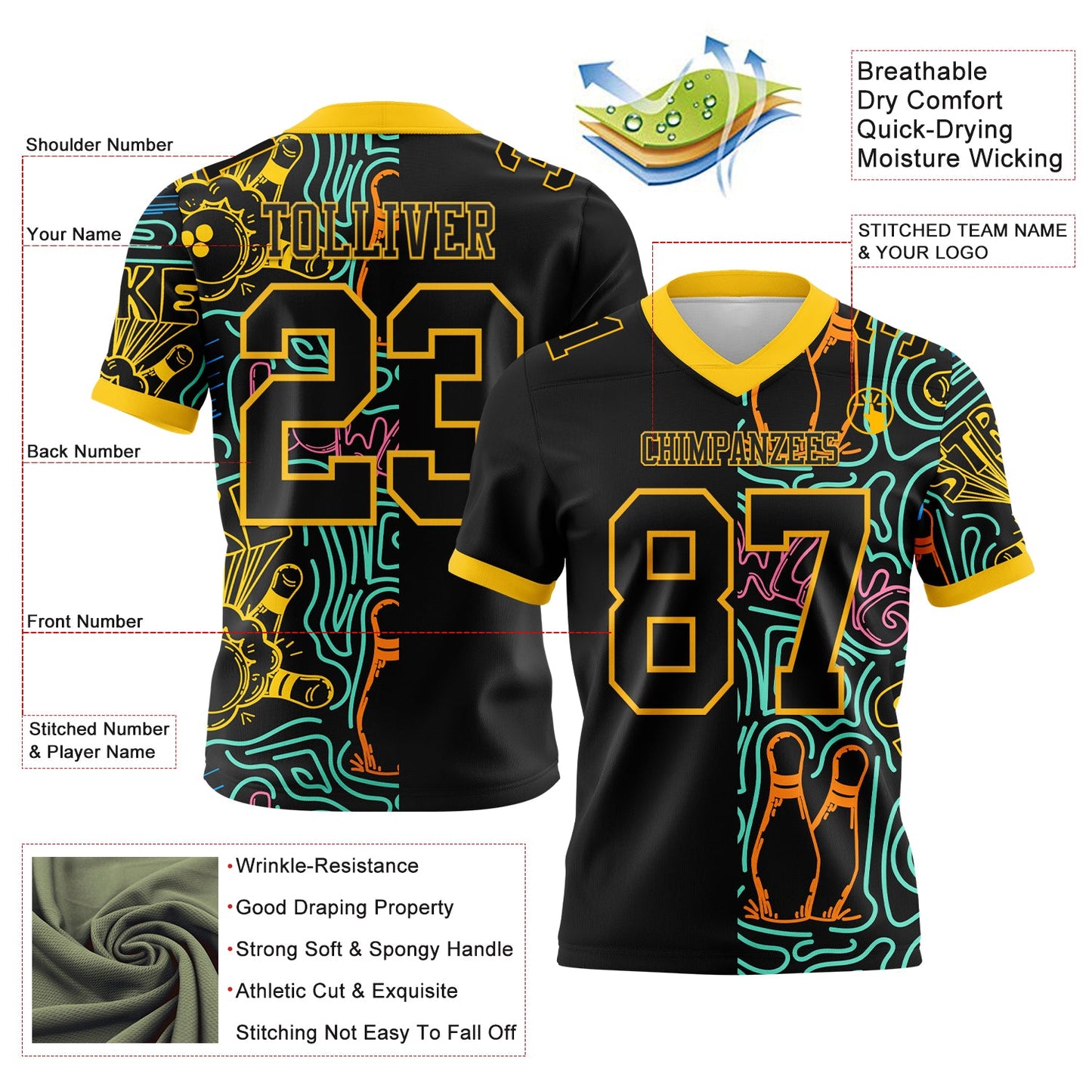 Custom Black Yellow 3D Pattern Bowling Authentic Football Jersey view 3
