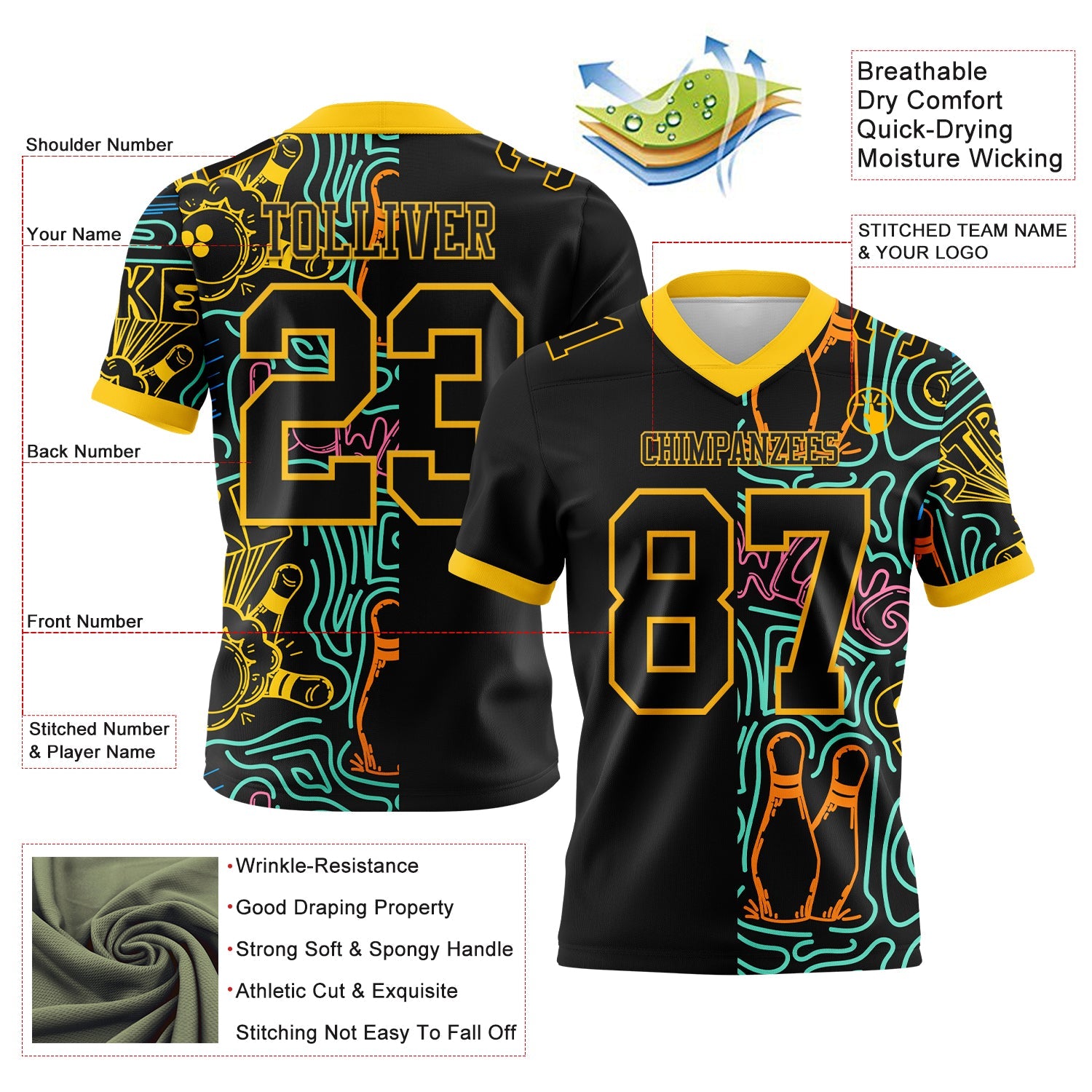 Custom Black Yellow 3D Pattern Bowling Authentic Football Jersey view 3
