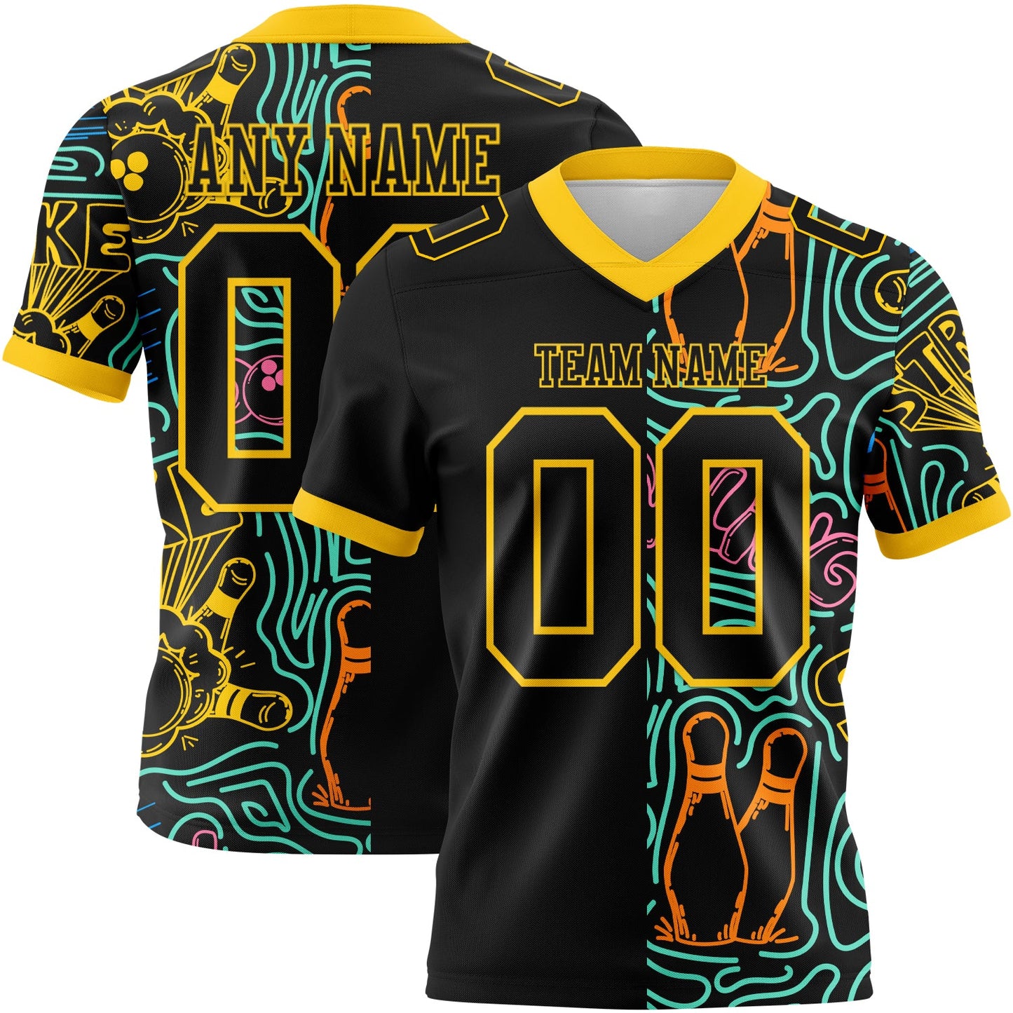 Custom Black Yellow 3D Pattern Bowling Authentic Football Jersey - Main View