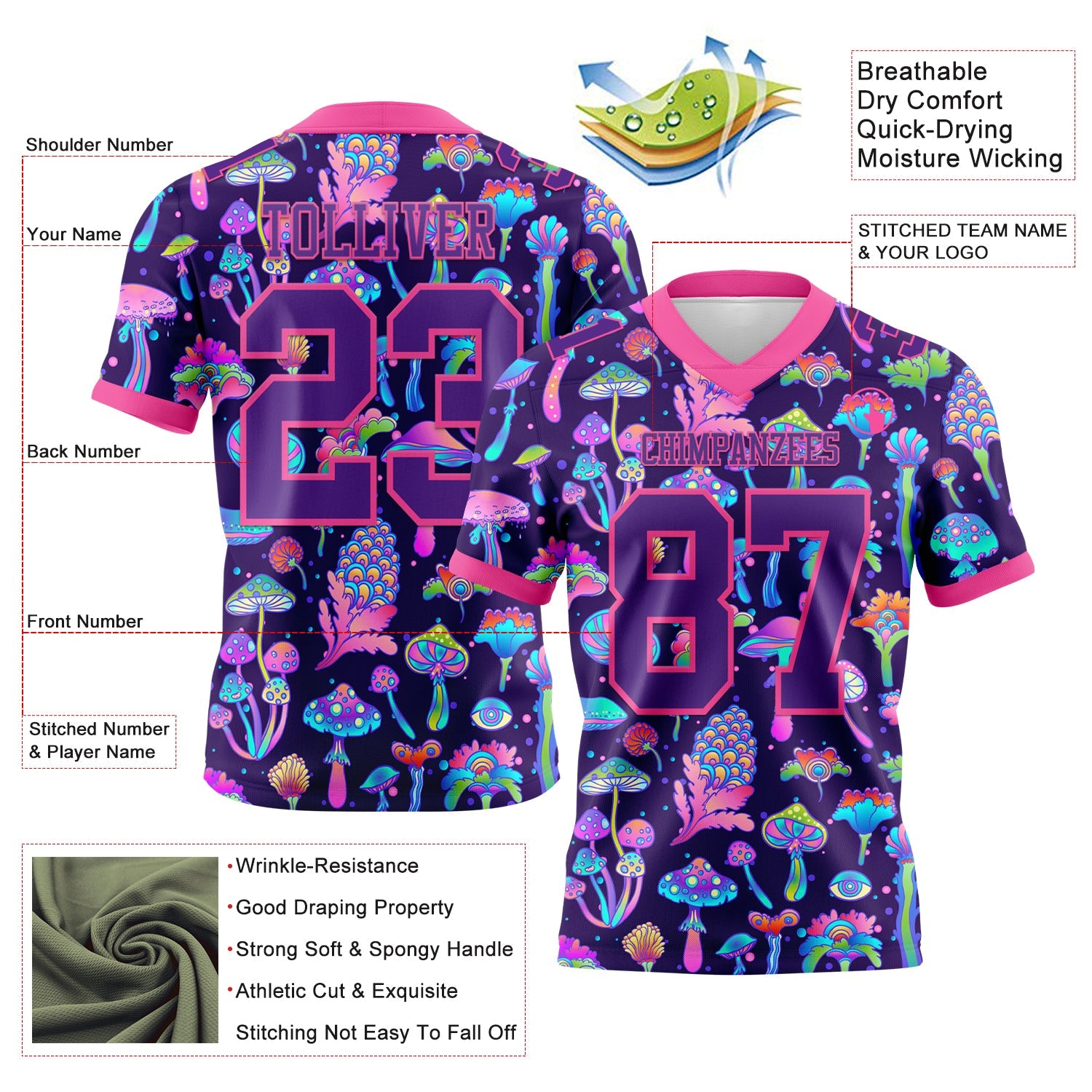 Custom Purple Pink 3D Pattern Colorful Flowers And Mushrooms Psychedelic Hallucination Authentic Football Jersey view 3