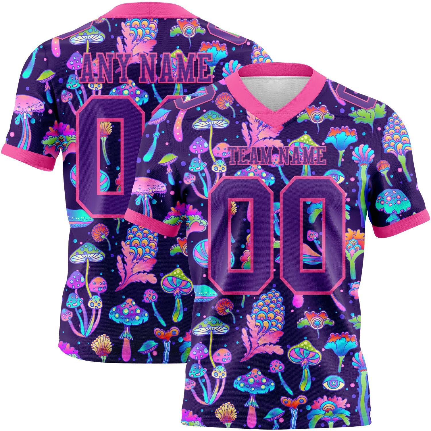 Custom Purple Pink 3D Pattern Colorful Flowers And Mushrooms Psychedelic Hallucination Authentic Football Jersey - Main View