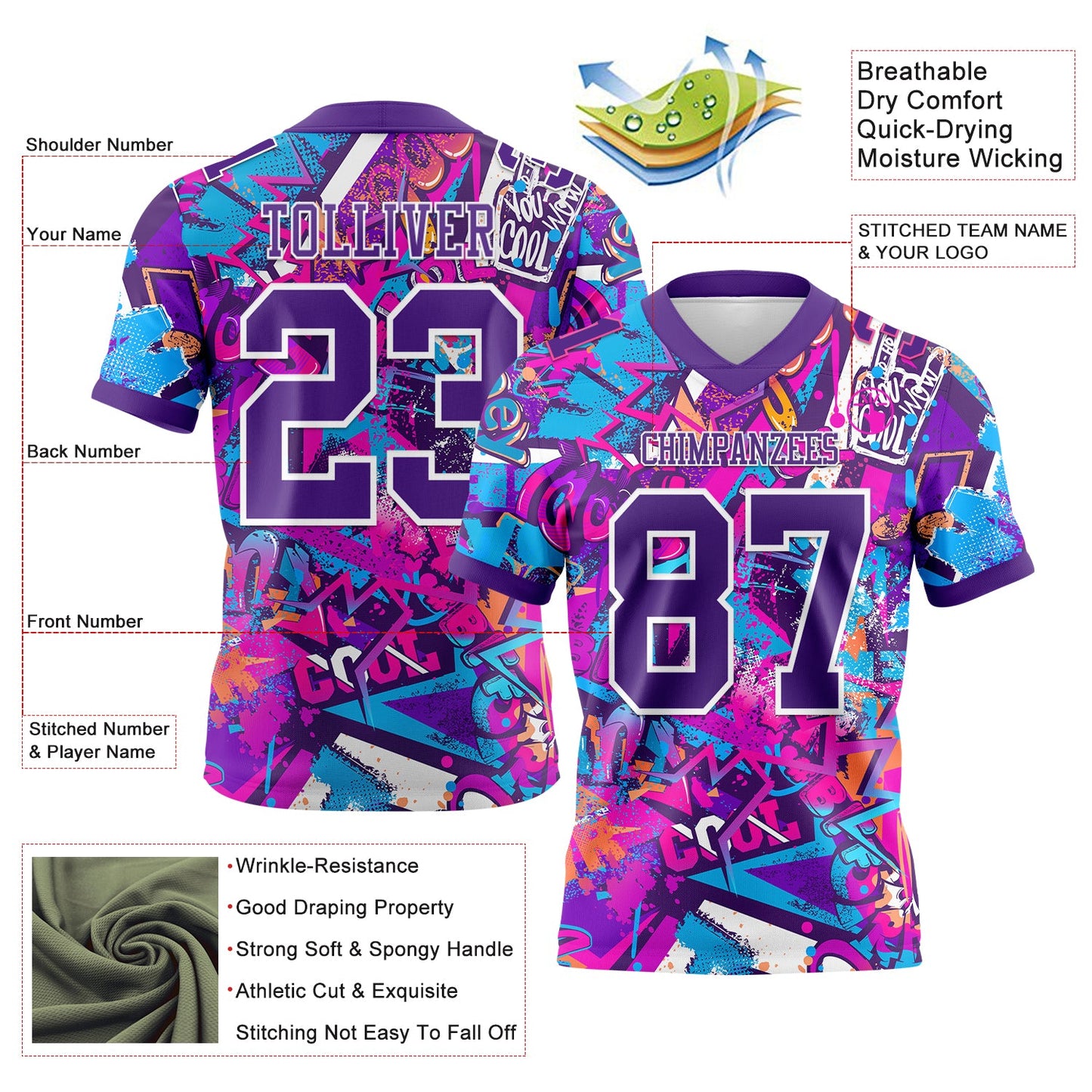 Custom Graffiti Pattern Purple-White 3D Pattern Splash Authentic Football Jersey view 3