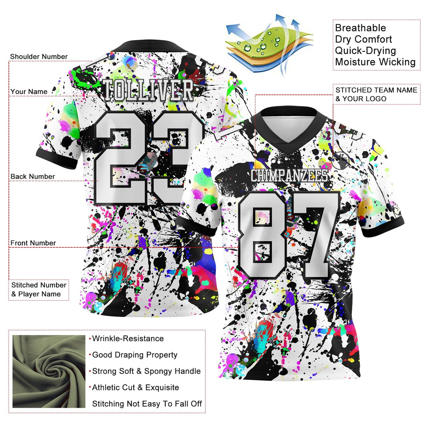 Custom Graffiti Pattern White-Black 3D Pattern Splash Authentic Football Jersey view 3
