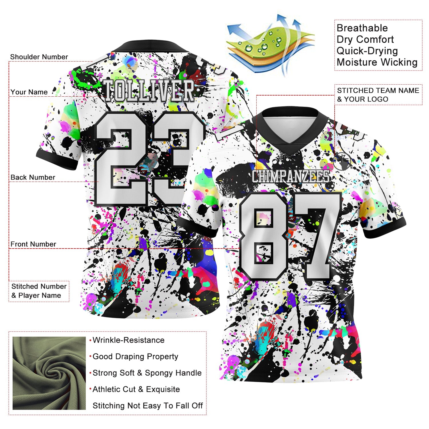 Custom Graffiti Pattern White-Black 3D Pattern Splash Authentic Football Jersey view 3