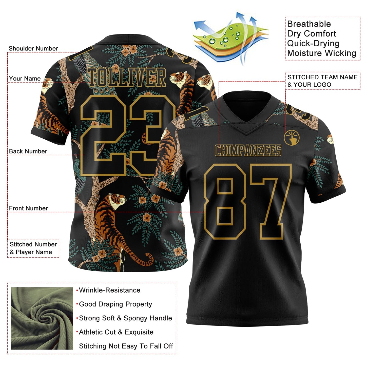 Custom Black Old Gold 3D Pattern Tiger And Peacock Authentic Football Jersey view 3