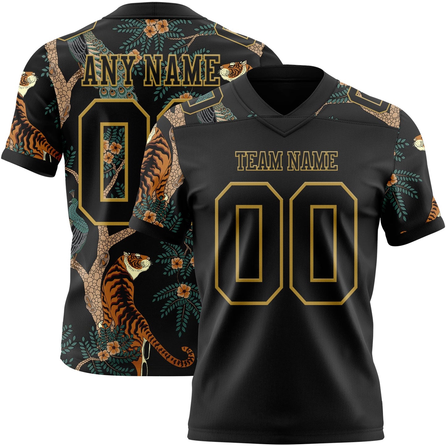 Custom Black Old Gold 3D Pattern Tiger And Peacock Authentic Football Jersey - Main View
