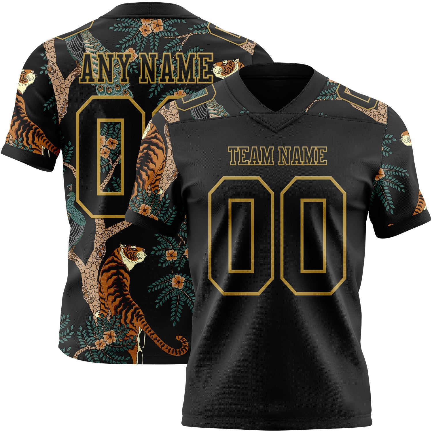 Custom Black Old Gold 3D Pattern Tiger And Peacock Authentic Football Jersey - Main View