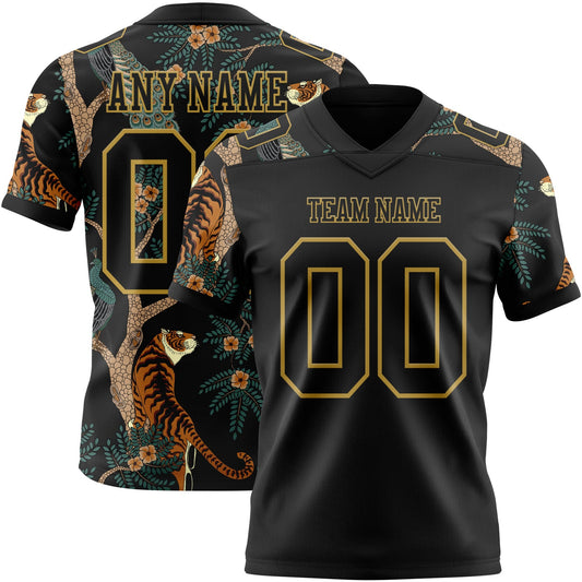 Custom Black Old Gold 3D Pattern Tiger And Peacock Authentic Football Jersey - Main View