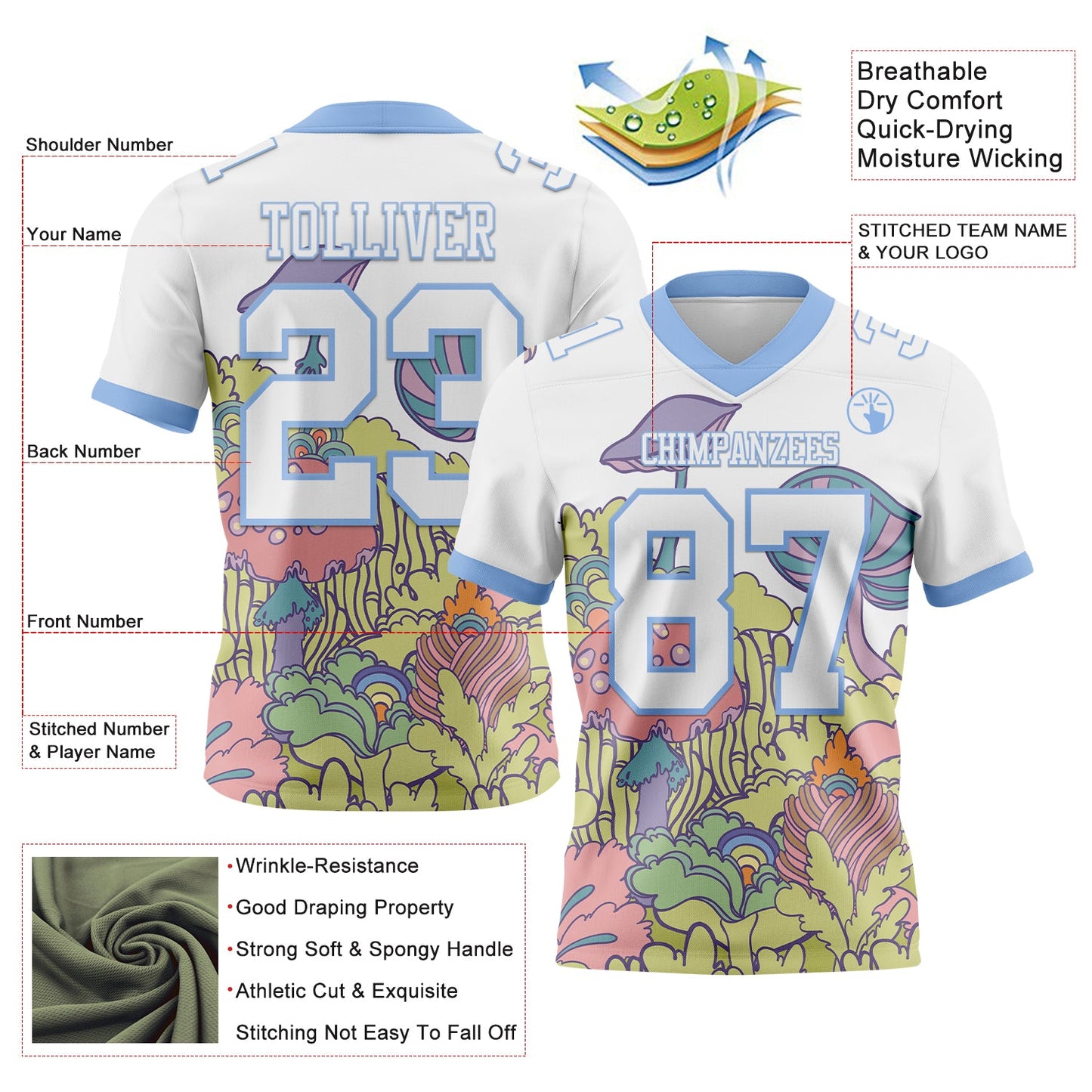 Custom White Light Blue 3D Pattern Colorful Flowers And Mushrooms Psychedelic Hallucination Authentic Football Jersey view 3