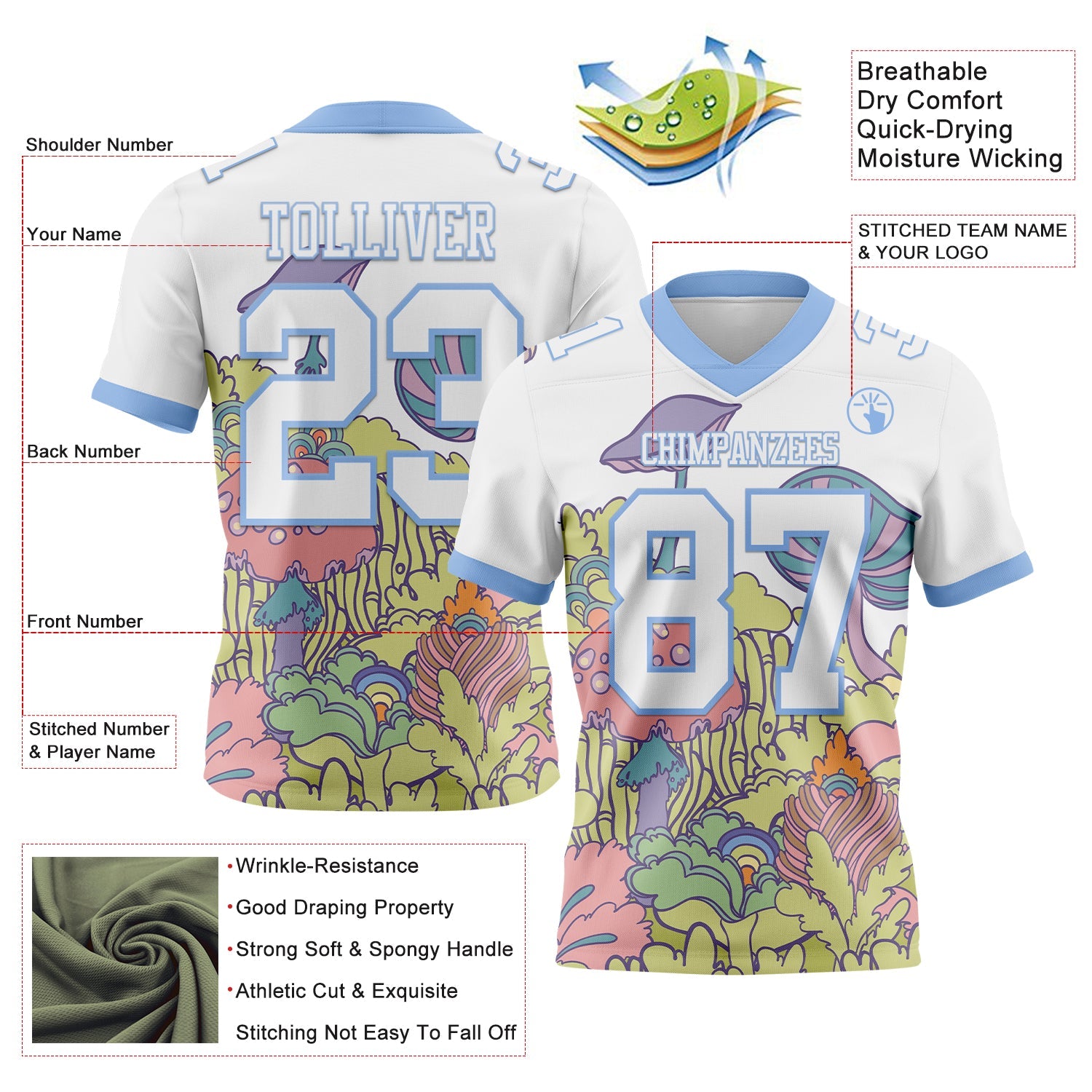 Custom White Light Blue 3D Pattern Colorful Flowers And Mushrooms Psychedelic Hallucination Authentic Football Jersey view 3