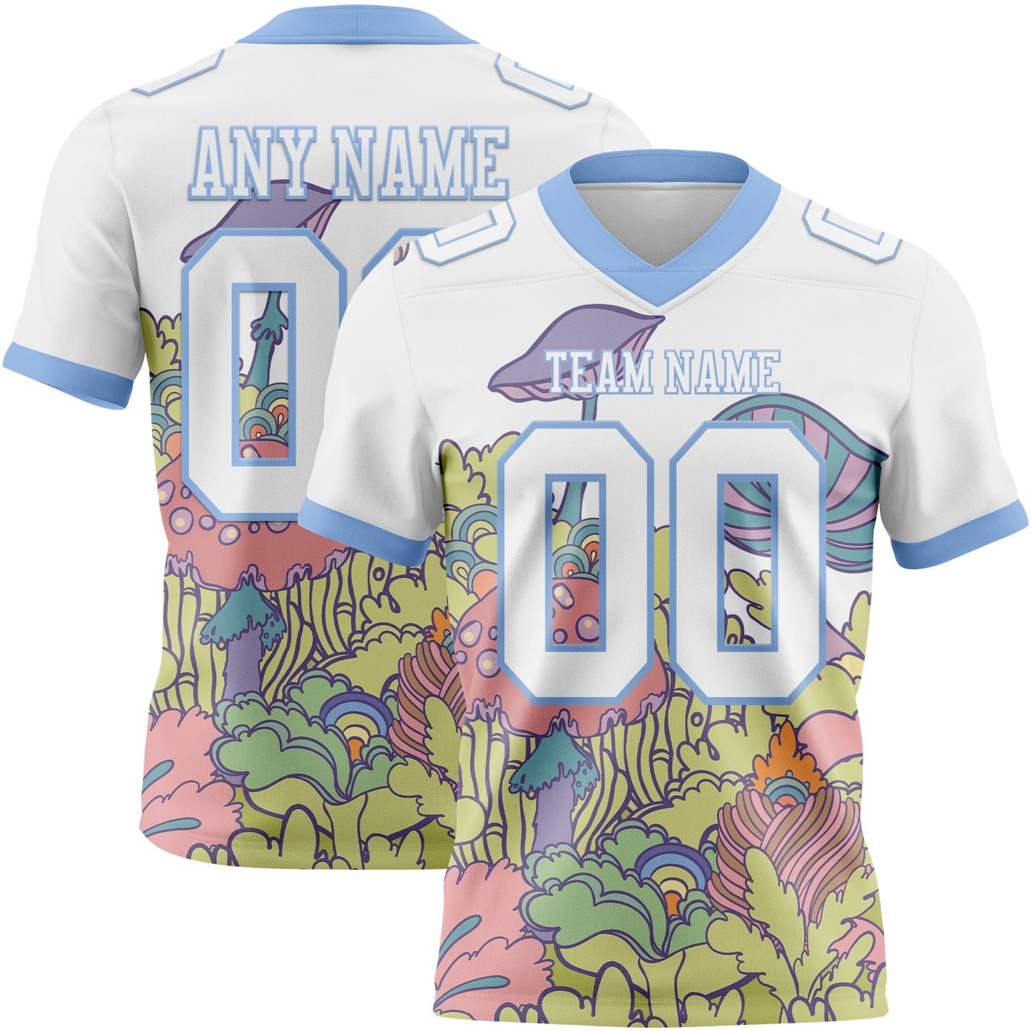 Custom White Light Blue 3D Pattern Colorful Flowers And Mushrooms Psychedelic Hallucination Authentic Football Jersey - Main View