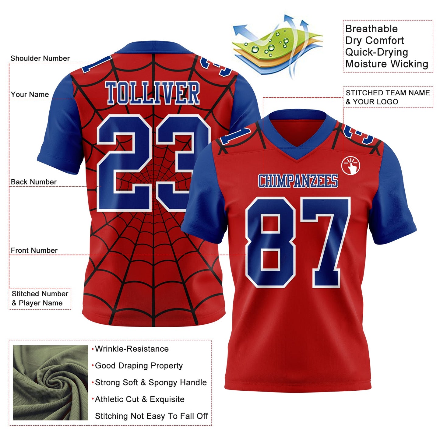 Custom Red Royal-White 3D Pattern Spider Web Authentic Football Jersey view 3