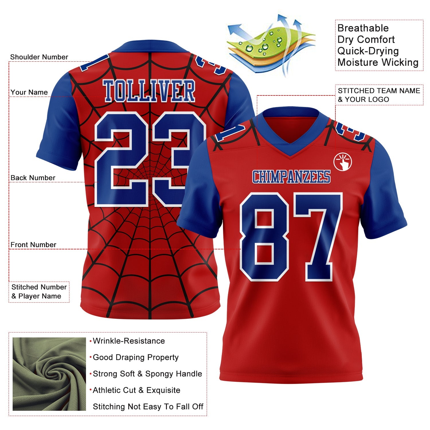 Custom Red Royal-White 3D Pattern Spider Web Authentic Football Jersey view 3