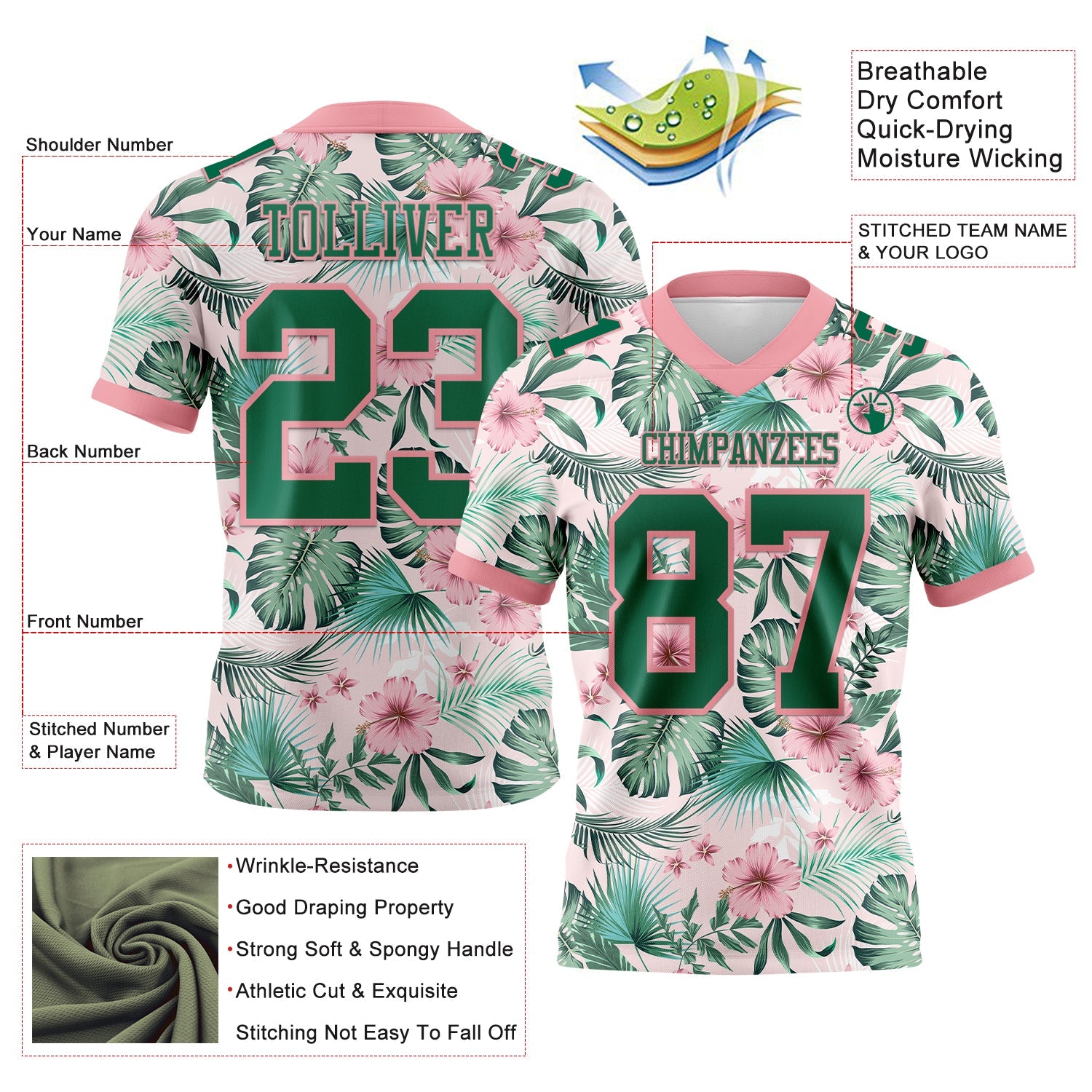 Custom Medium Pink Kelly Green 3D Pattern Hawaii Palm Leaves And Flowers Authentic Football Jersey view 3