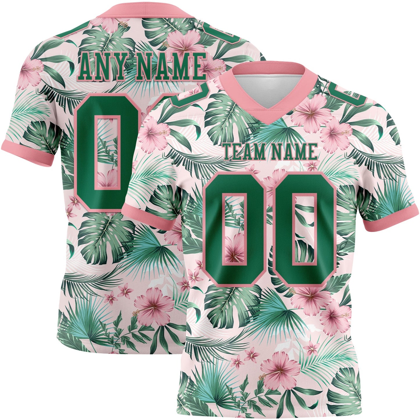 Custom Medium Pink Kelly Green 3D Pattern Hawaii Palm Leaves And Flowers Authentic Football Jersey - Main View