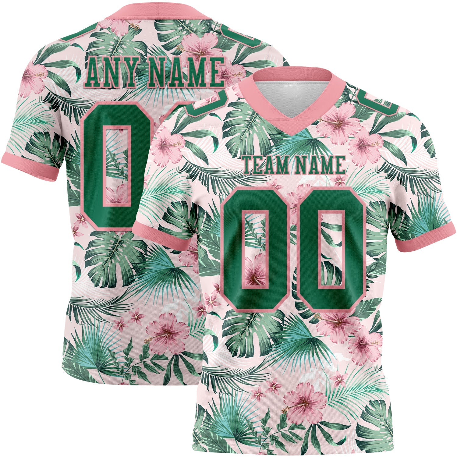 Custom Medium Pink Kelly Green 3D Pattern Hawaii Palm Leaves And Flowers Authentic Football Jersey - Main View