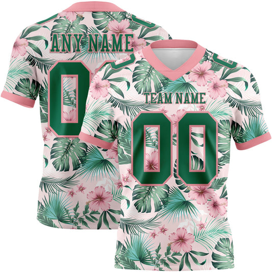 Custom Medium Pink Kelly Green 3D Pattern Hawaii Palm Leaves And Flowers Authentic Football Jersey - Main View