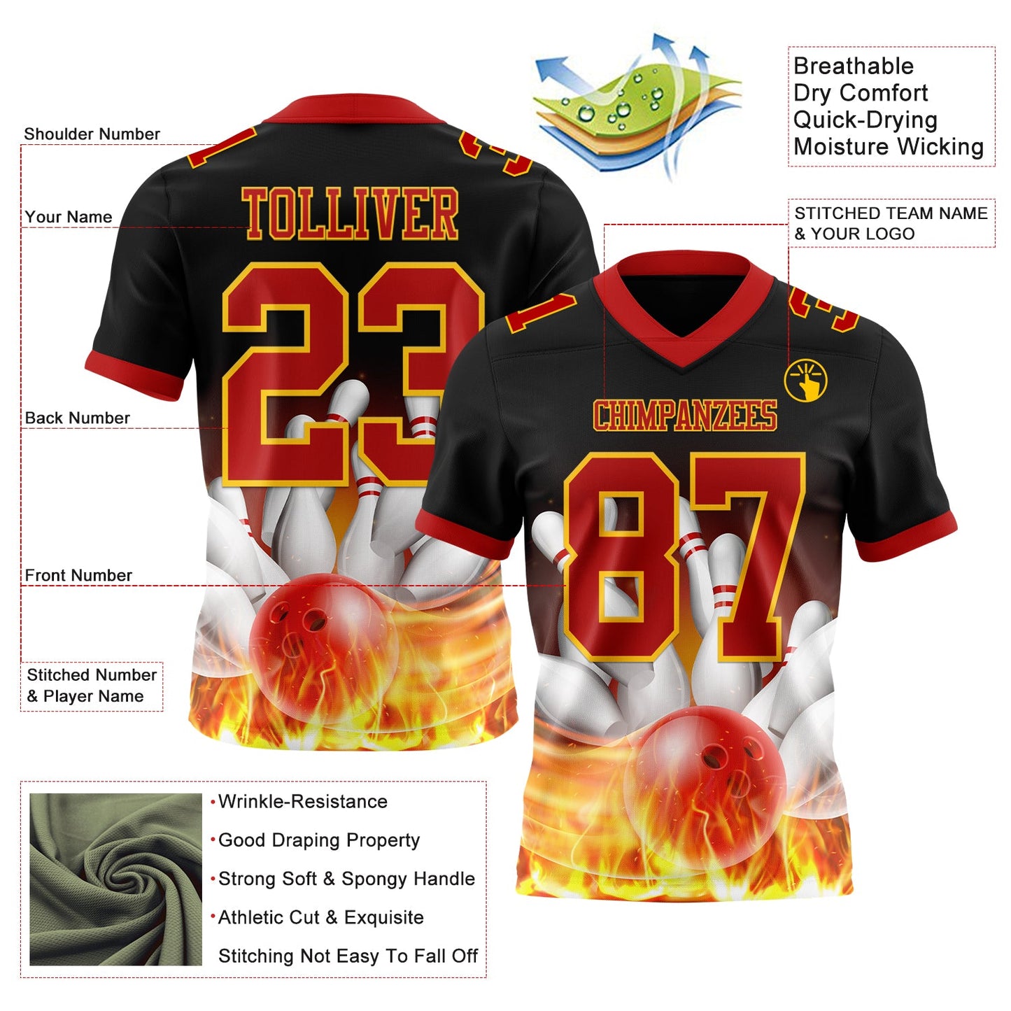 Custom Black Red-Yellow 3D Pattern Flame Bowling Authentic Football Jersey view 3