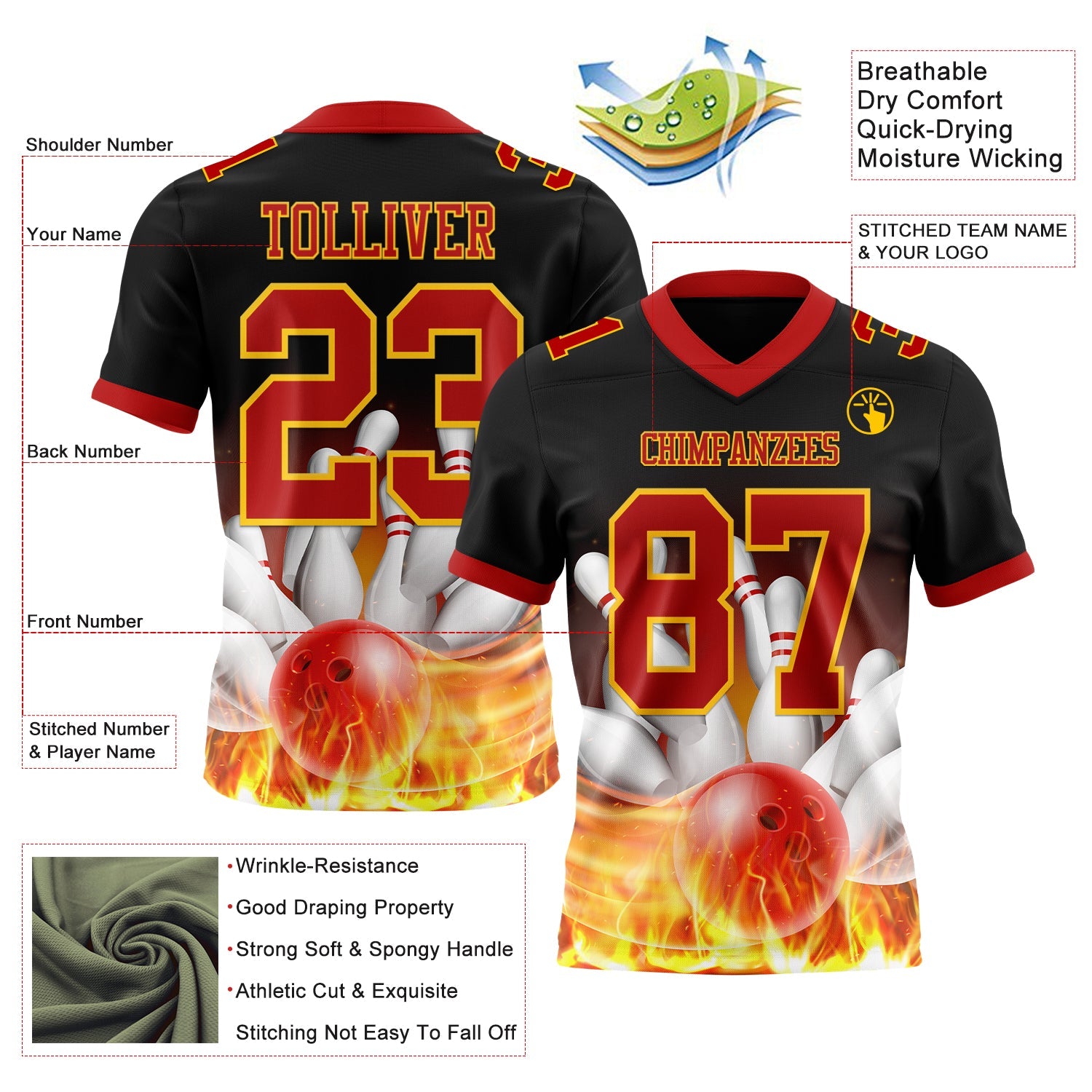 Custom Black Red-Yellow 3D Pattern Flame Bowling Authentic Football Jersey view 3