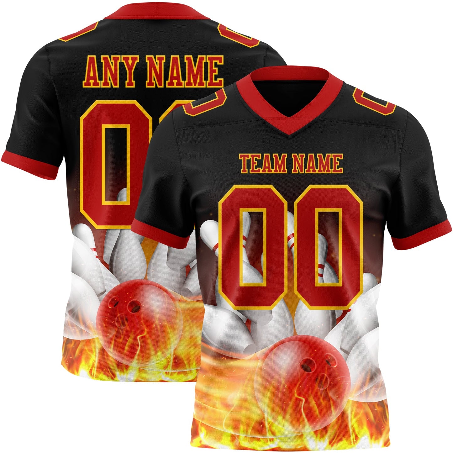 Custom Black Red-Yellow 3D Pattern Flame Bowling Authentic Football Jersey - Main View