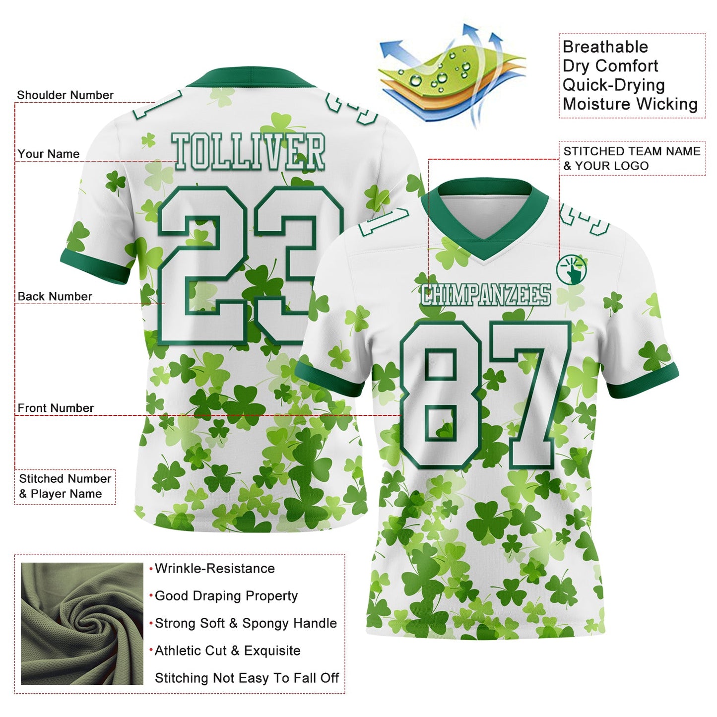 Custom White Kelly Green 3D Pattern St. Patrick's Day Authentic Football Jersey view 3
