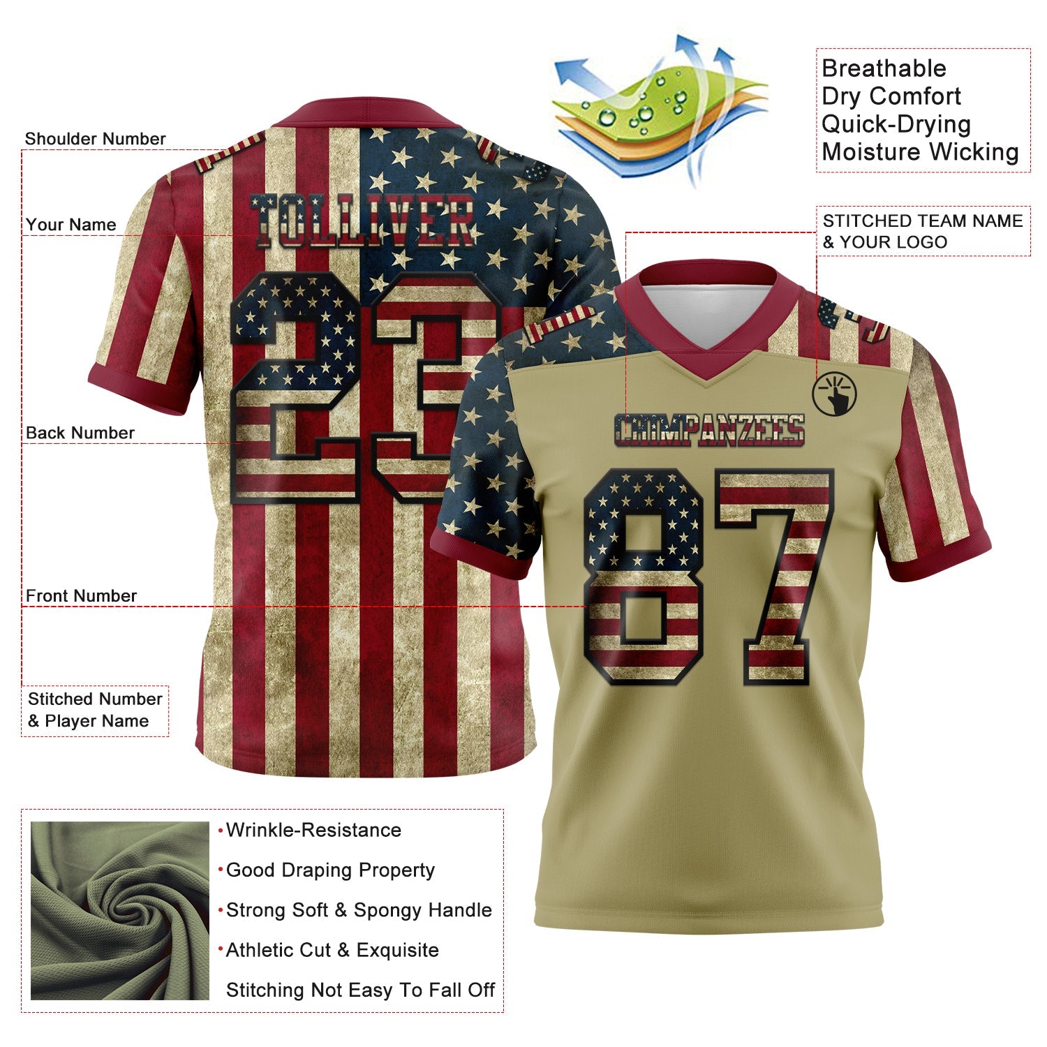 Custom Cream Vintage USA Flag Crimson-Black 3D Pattern Authentic Football Jersey view 3